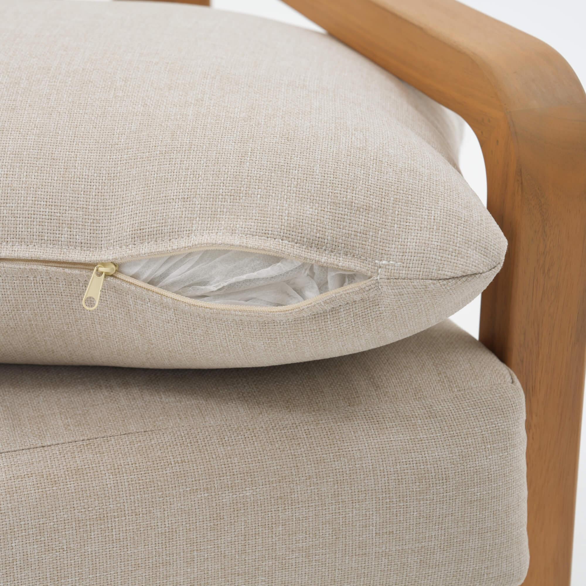 Beige cushion on a acacia wooden chair with zip detail - Jardina Modern Premium Outdoor Patio Furniture Sets