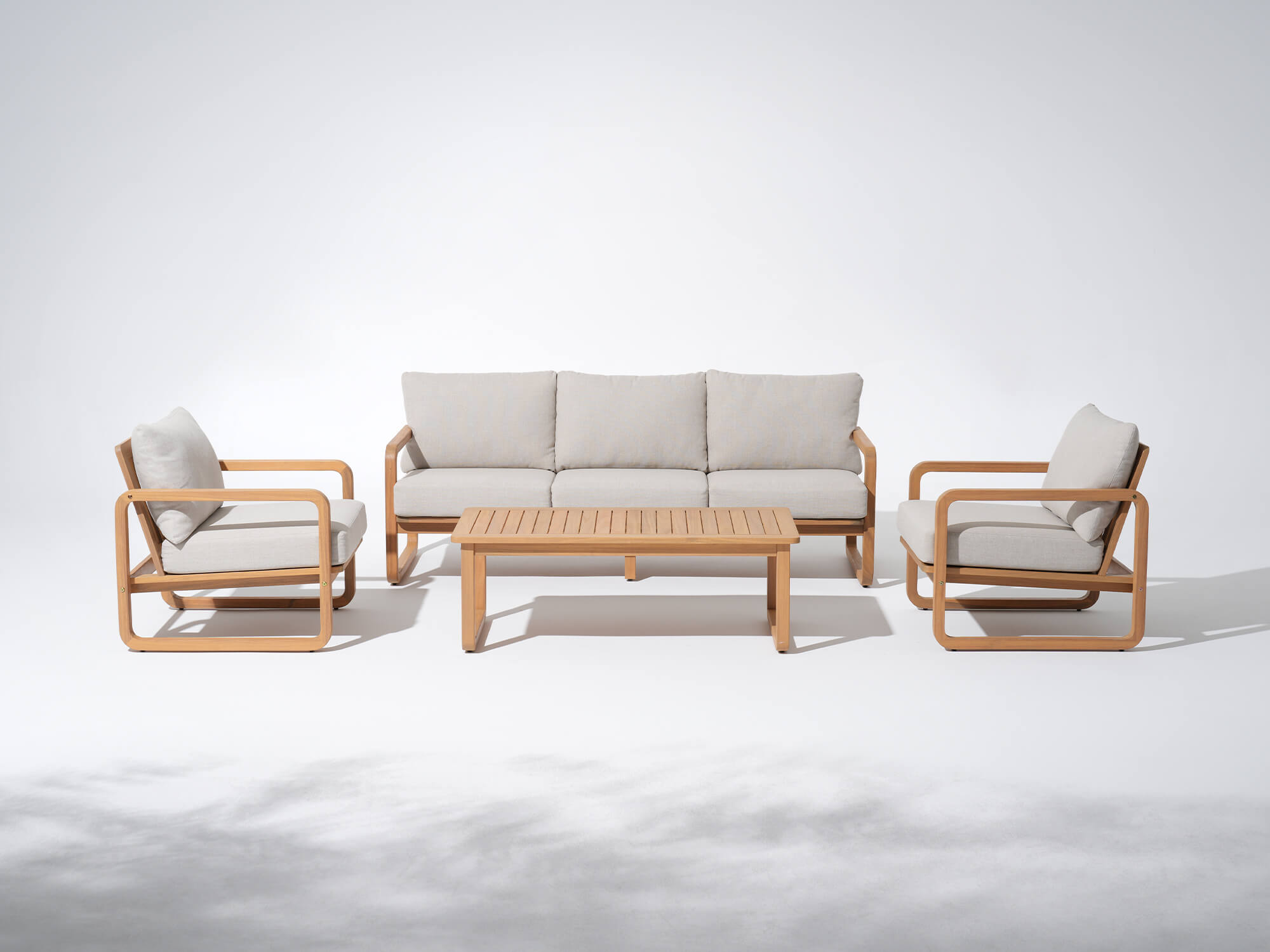5 seats Modern acacia wood outdoor furniture conversation set with a sofa, two armchairs, and a large rectangular coffee table - Jardina Modern Premium Outdoor Patio Furniture Sets