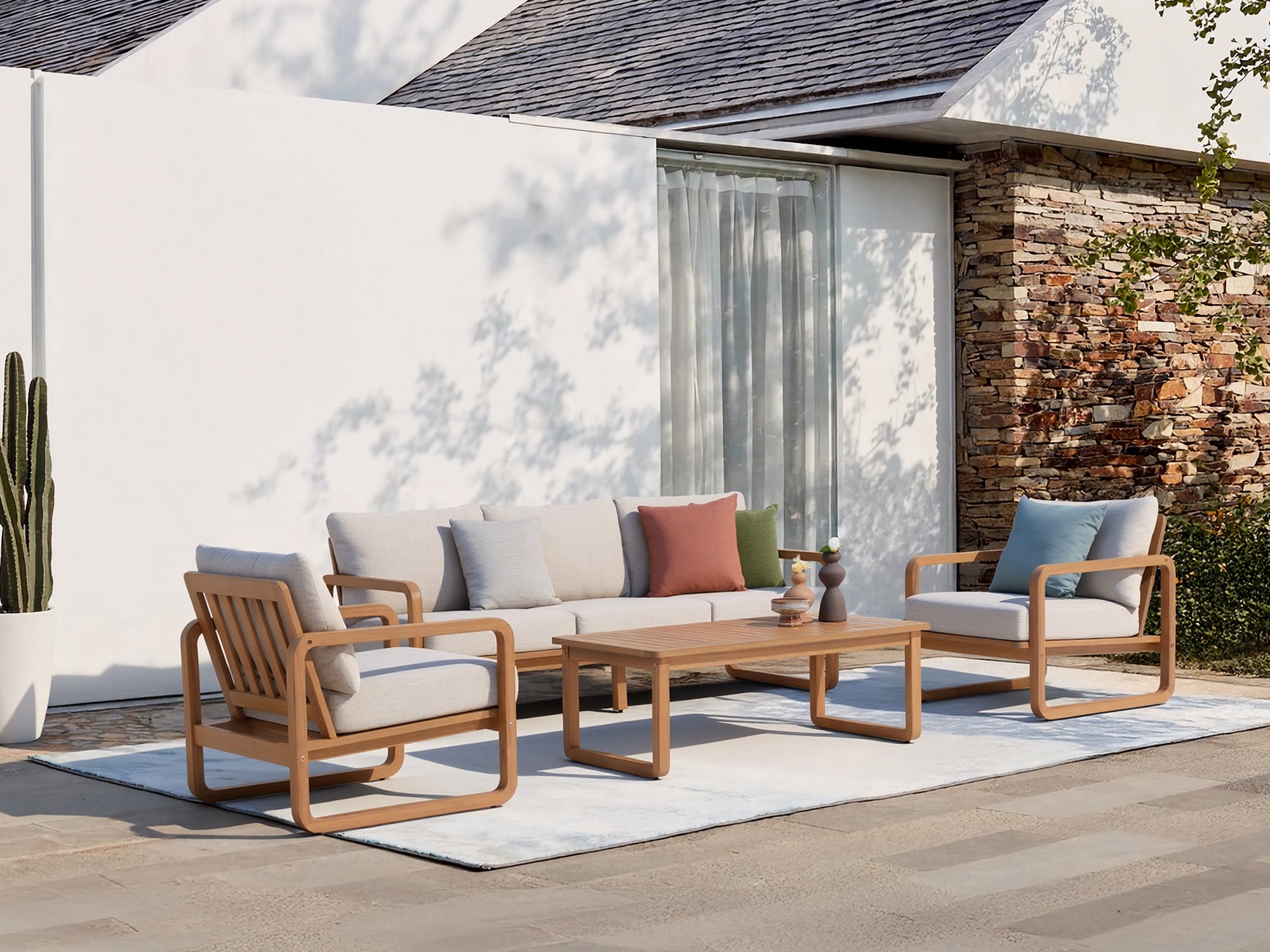 5 seats acacia wooden Outdoor patio conversation seating set with beige cushions on a patio - Jardina Modern Premium Outdoor Patio Furniture Sets