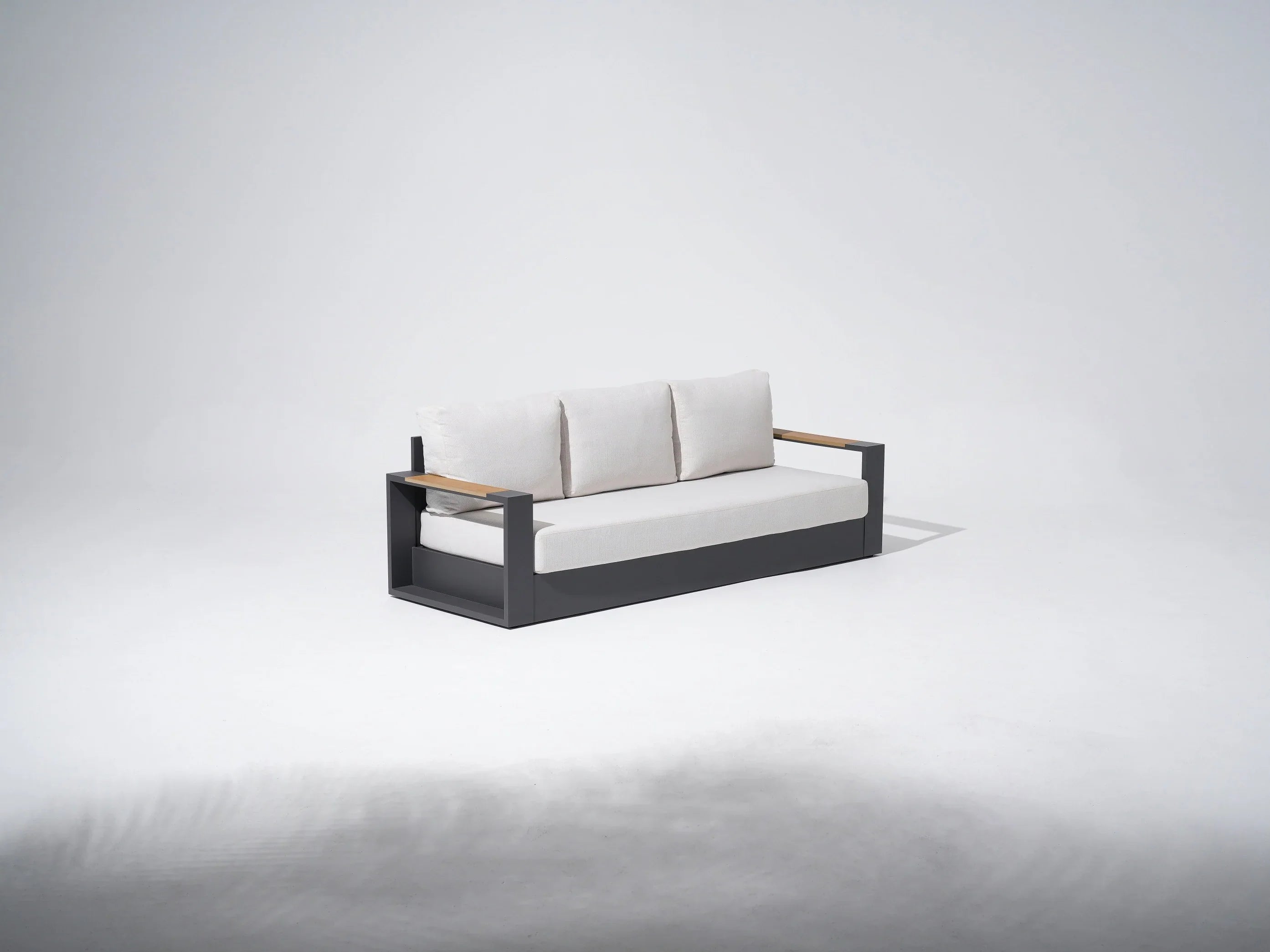 Modern outdoor sofa with white cushions, aluminum frame and wooden armrest- Jardina Modern Premium Patio Outdoor Furniture #color_grey