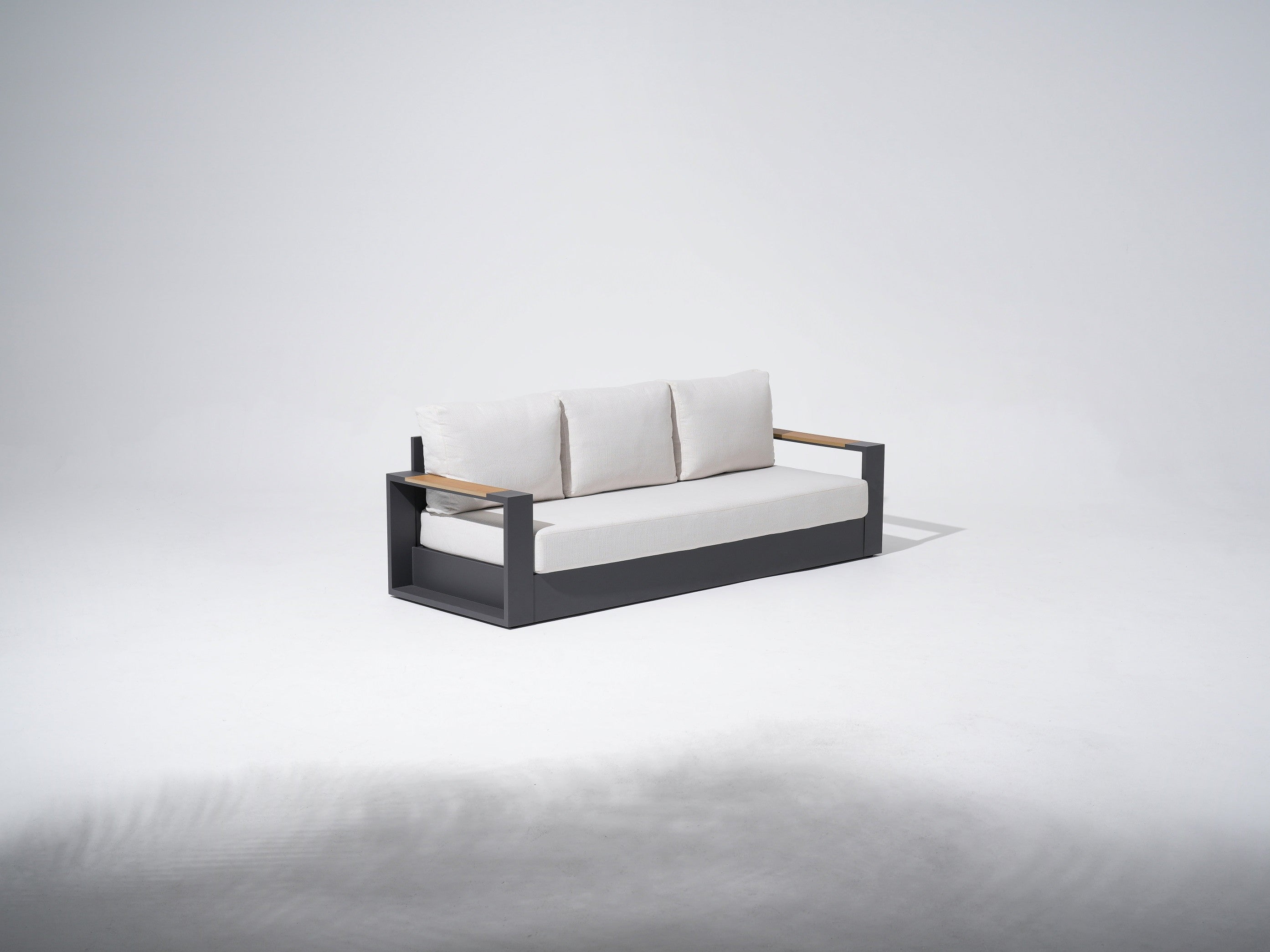 Modern outdoor sofa with white cushions, aluminum frame and wooden armrest- Jardina Modern Premium Patio Outdoor Furniture #color_grey