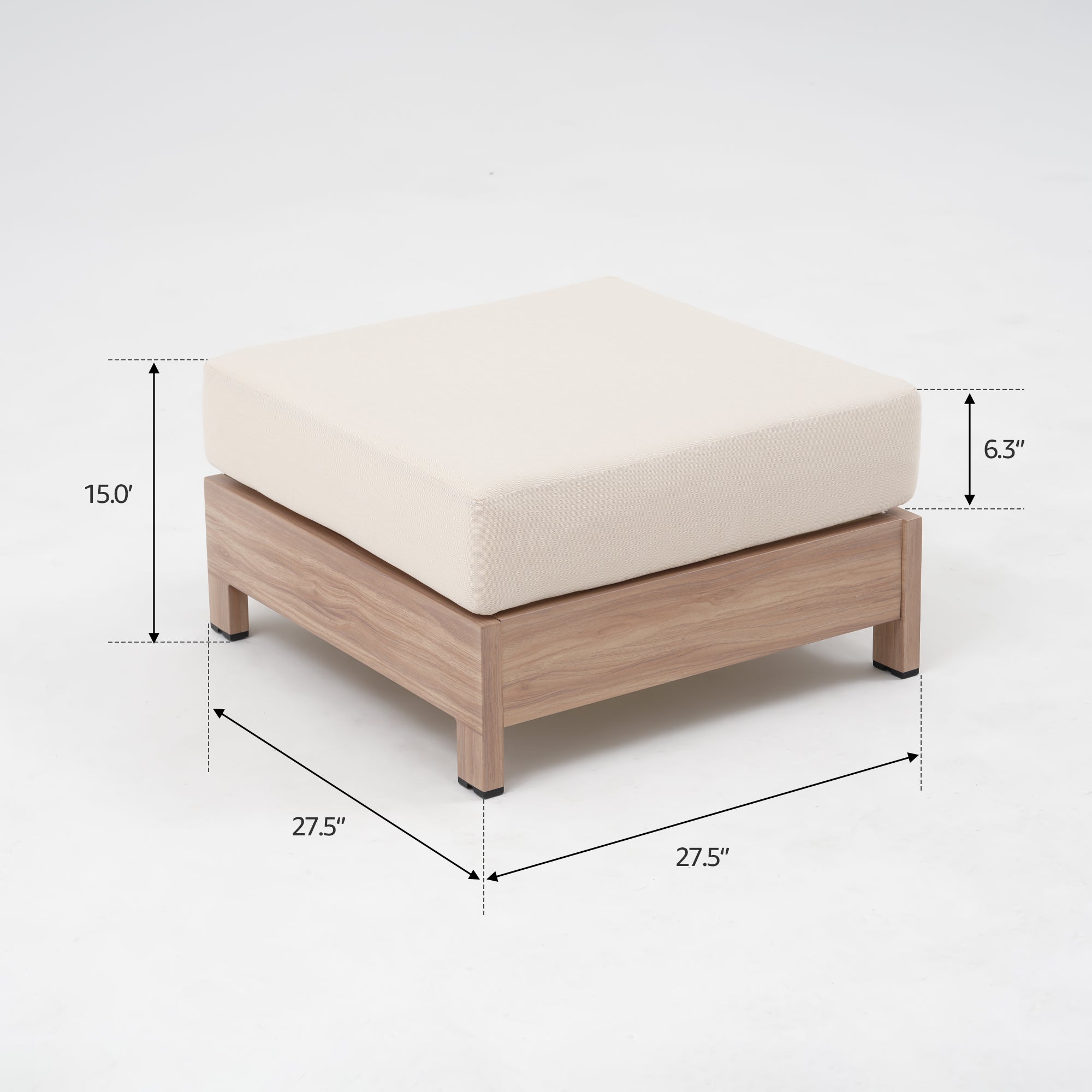 Irati Modern Aluminum Ottoman with Creamy White Cushions, Heat Transfer Printing, Wood Look