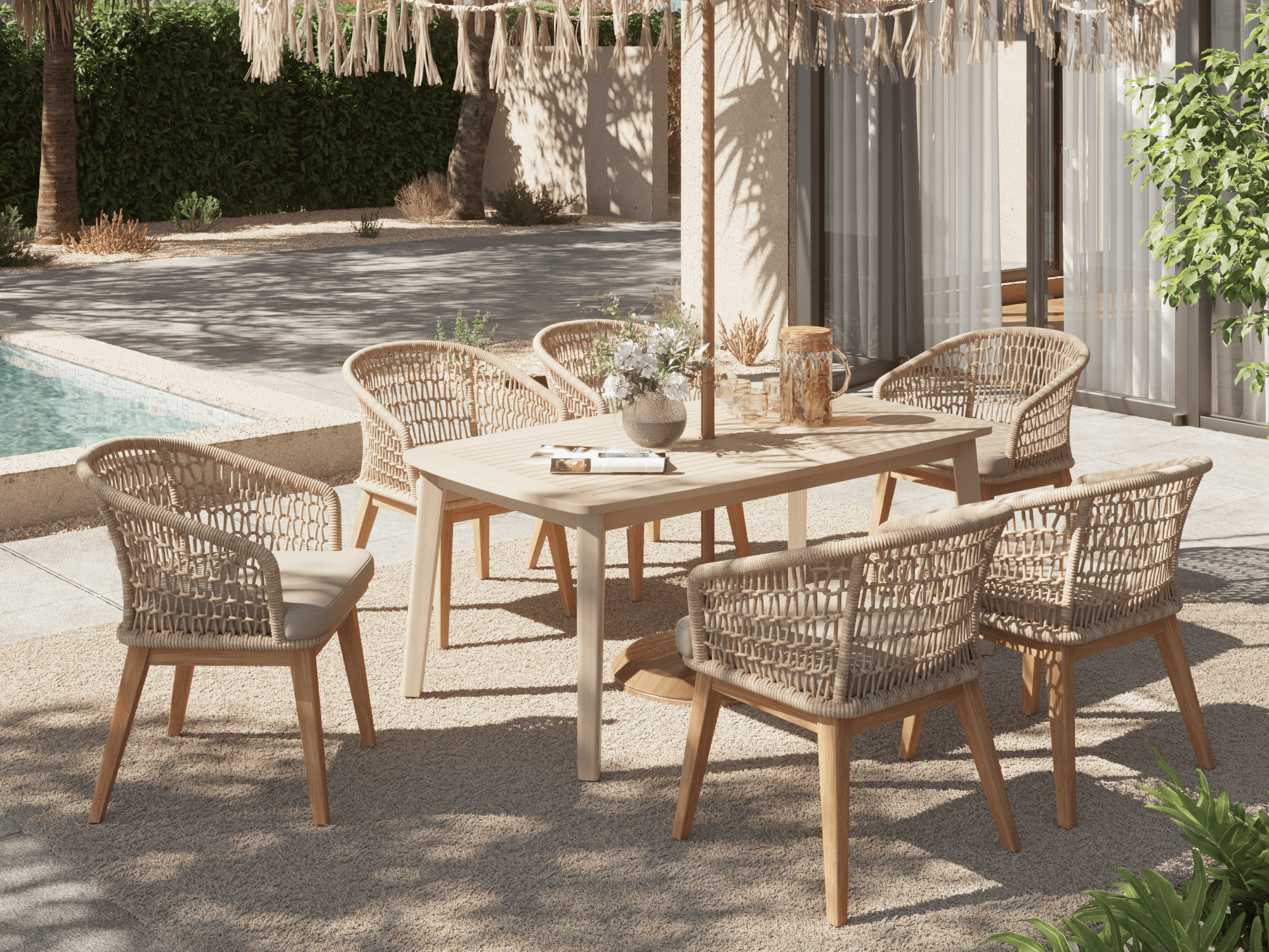 Outdoor dining set for 6 with wicker chairs and a acacia wooden table with umbrella hole- Jardina Premium Modern Outdoor Dining Furniture