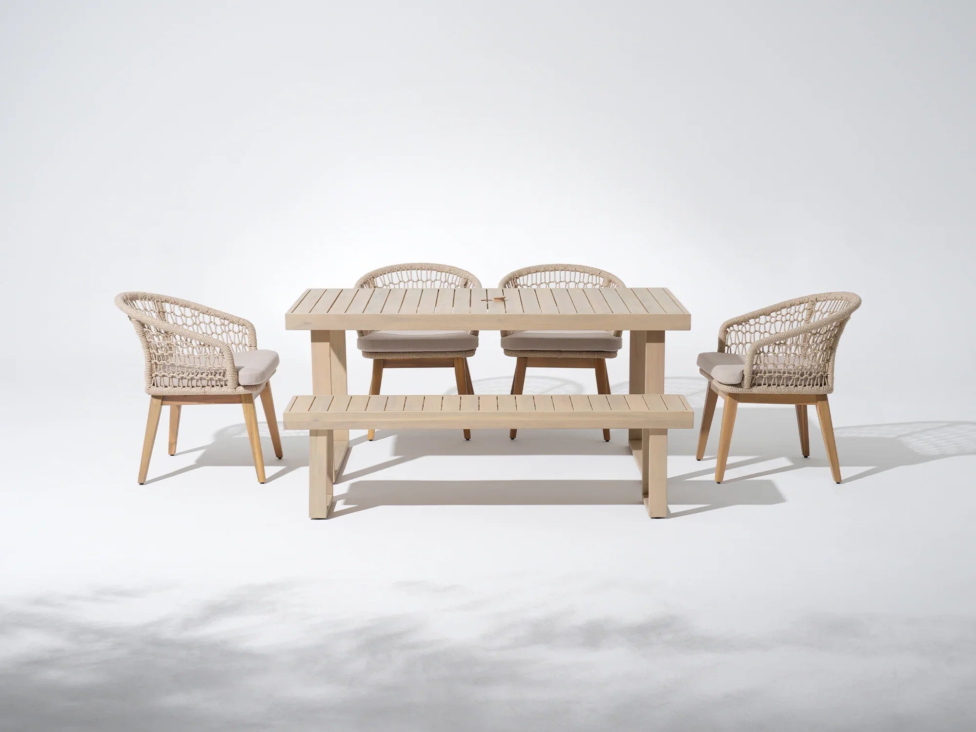 Noto 67'' Wooden Patio Dining Set for 6 People with Bench, Nylon Honeycomb Chairs - Jardina Premium Modern Outdoor Dining Furniture