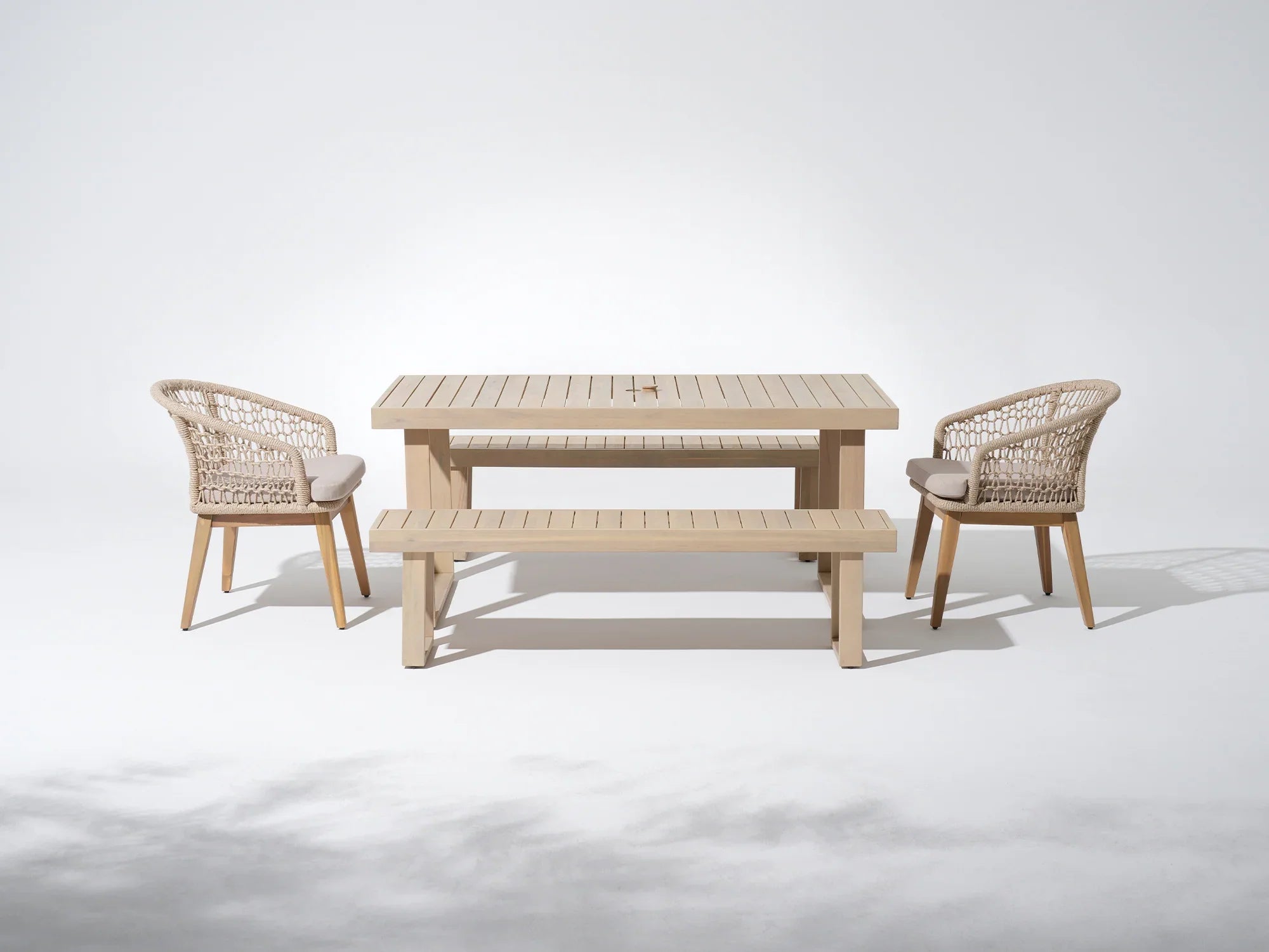 Noto 67'' Wooden Patio Dining Set for 6 People with umbrella hole, 2 chairs, 2 Bench, Nylon Honeycomb Chairs - Jardina Premium Modern Outdoor Dining Furniture