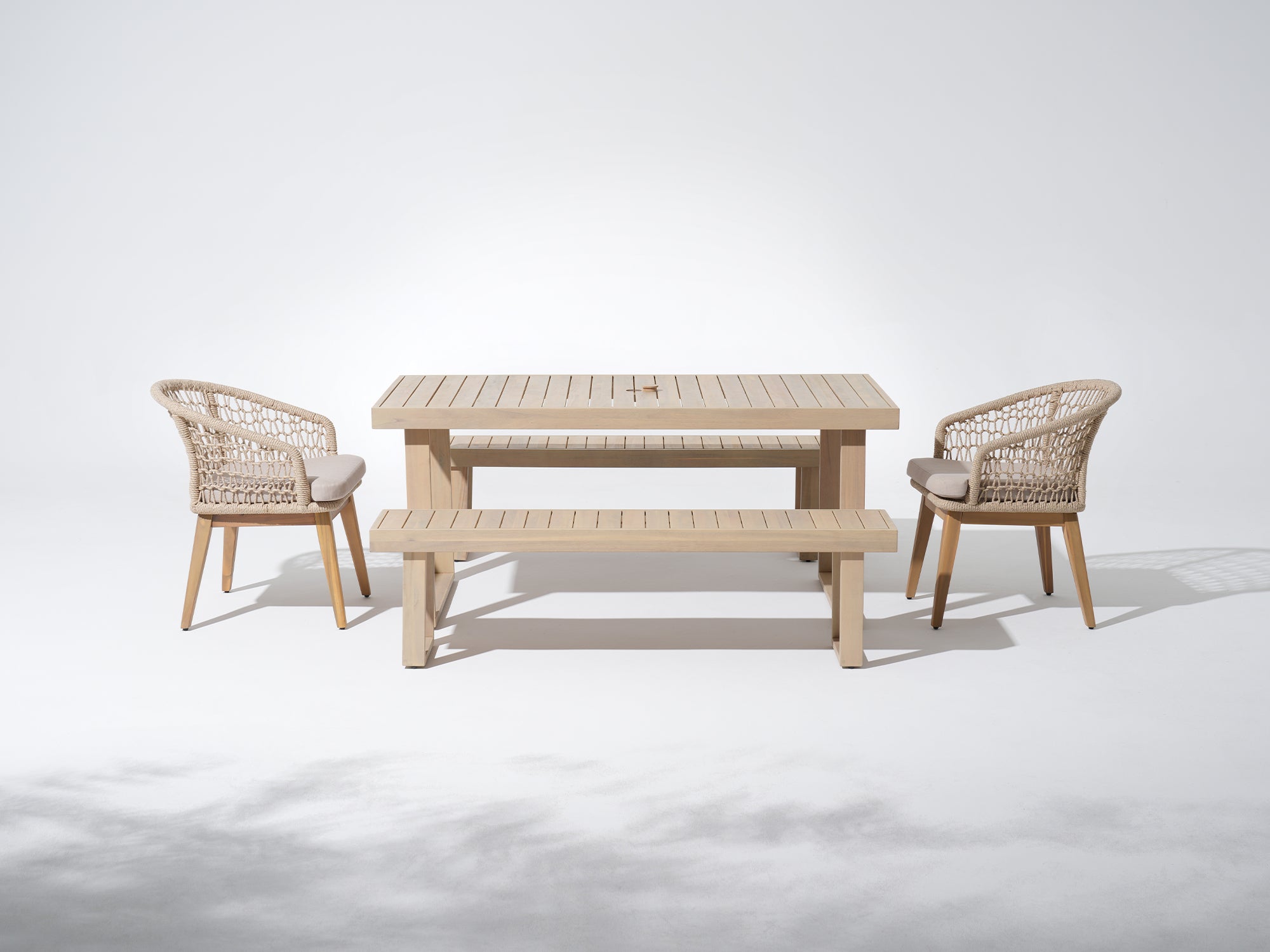 Noto 67'' Wooden Patio Dining Set for 6 People with umbrella hole, 2 chairs, 2 Bench, Nylon Honeycomb Chairs - Jardina Premium Modern Outdoor Dining Furniture