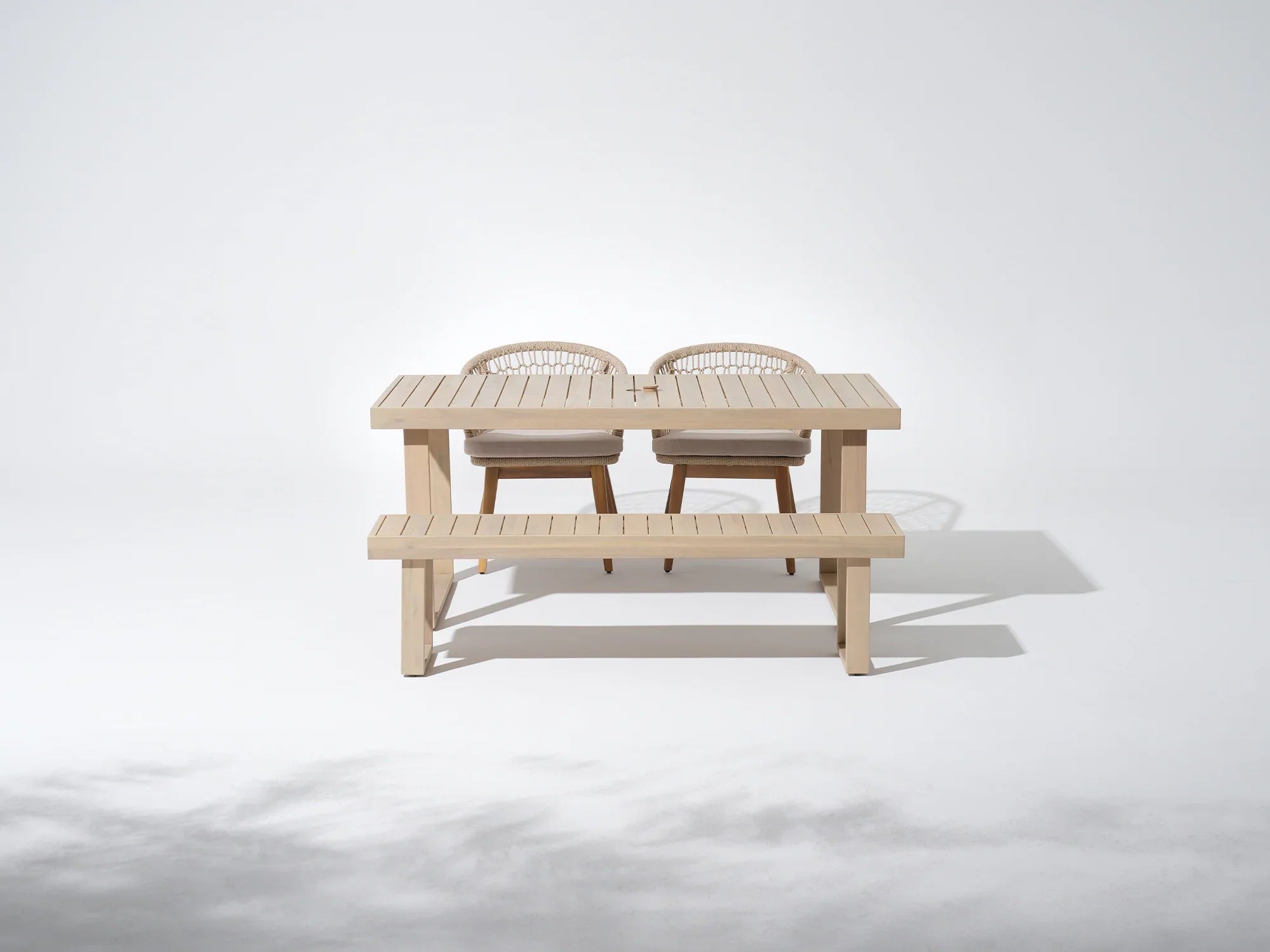 Noto 67'' Wooden Patio furniture Dining Set for 4 People with chairs and Bench, Nylon Honeycomb Chairs - Jardina Premium Modern Outdoor Dining Furniture