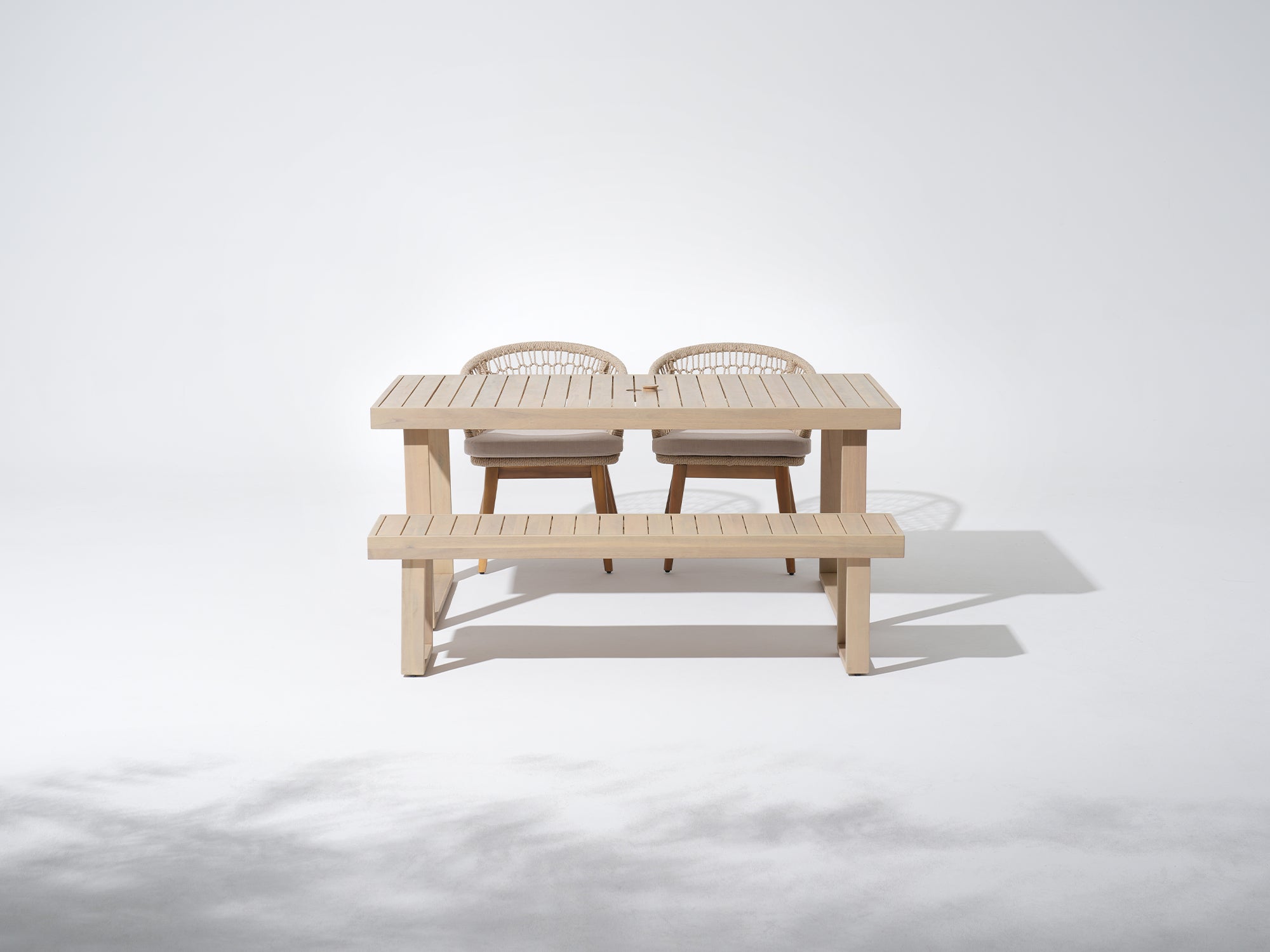 Noto 67'' Wooden Patio furniture Dining Set for 4 People with chairs and Bench, Nylon Honeycomb Chairs - Jardina Premium Modern Outdoor Dining Furniture