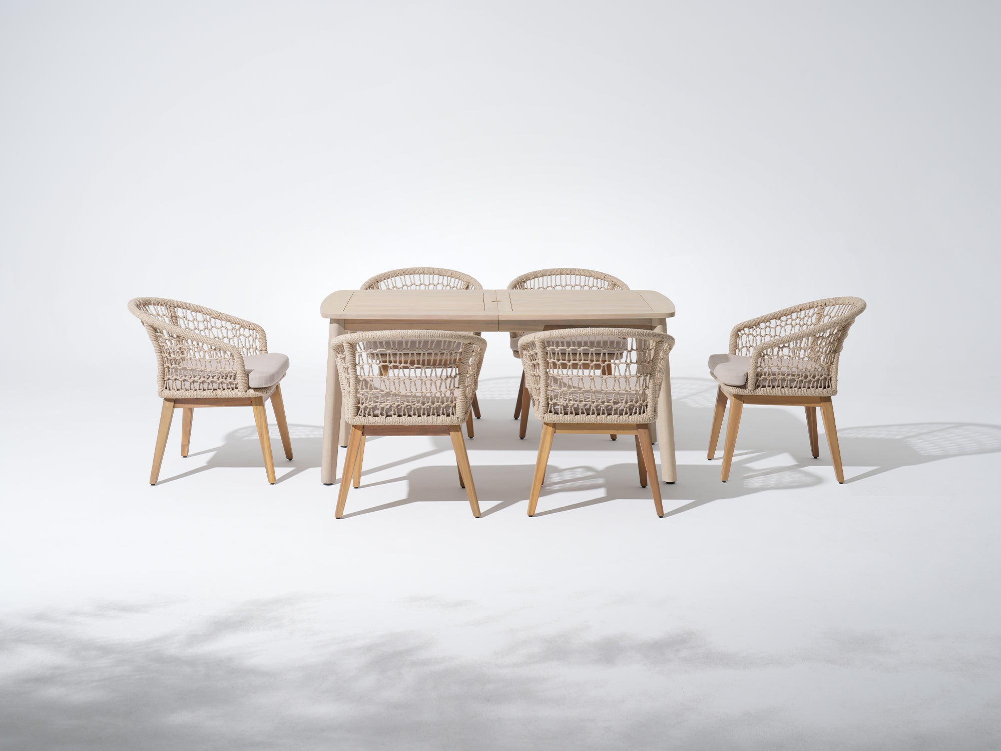 Noto 63'' acacia Wooden Patio Dining Set with Umbrella Hole for 6 People, Nylon Honeycomb Chairs - Jardina Premium Modern Outdoor Dining Furniture