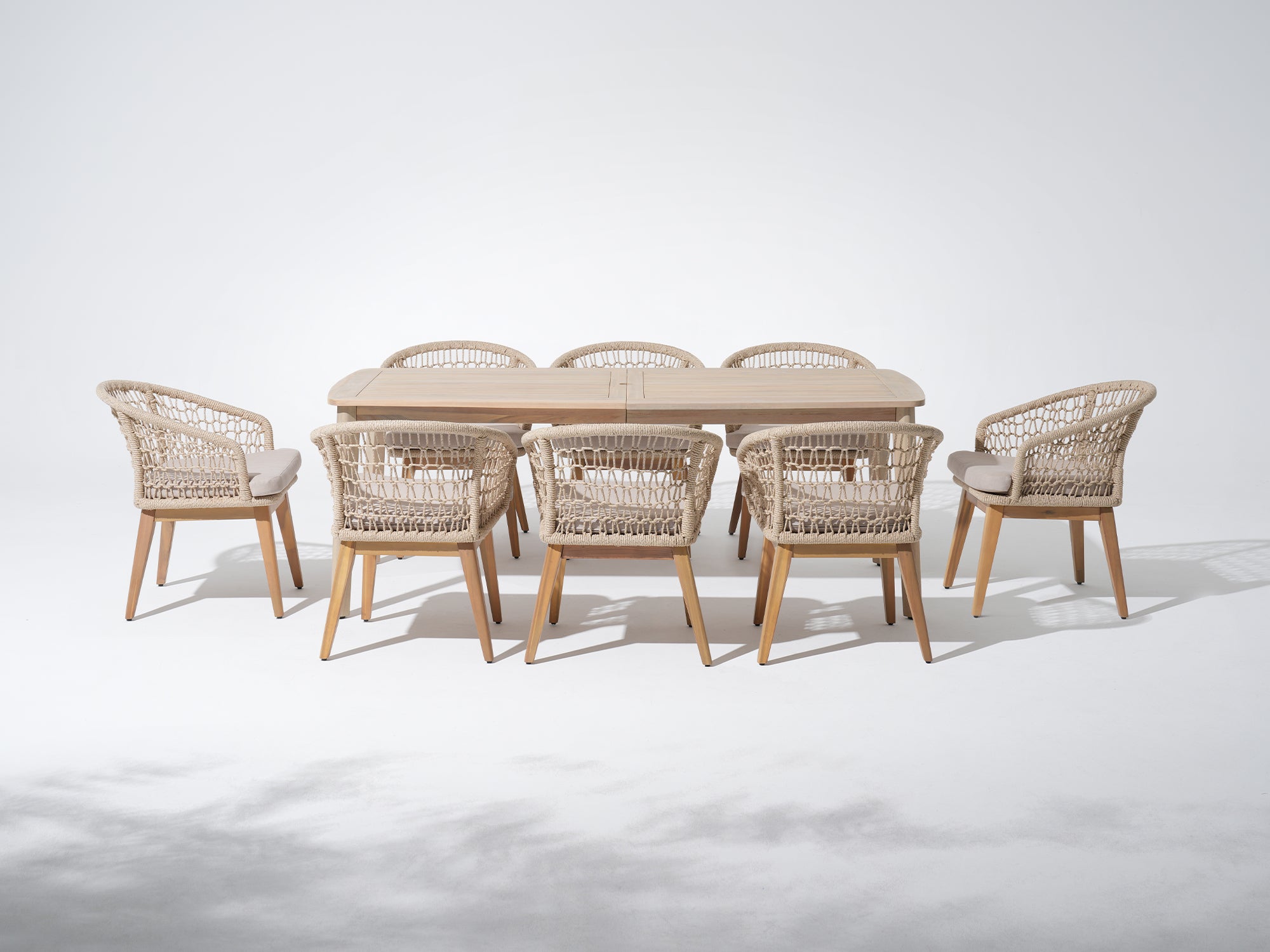 Noto 83'' Wooden Patio Dining Set with Umbrella Hole for 8 People, Nylon Honeycomb Chairs