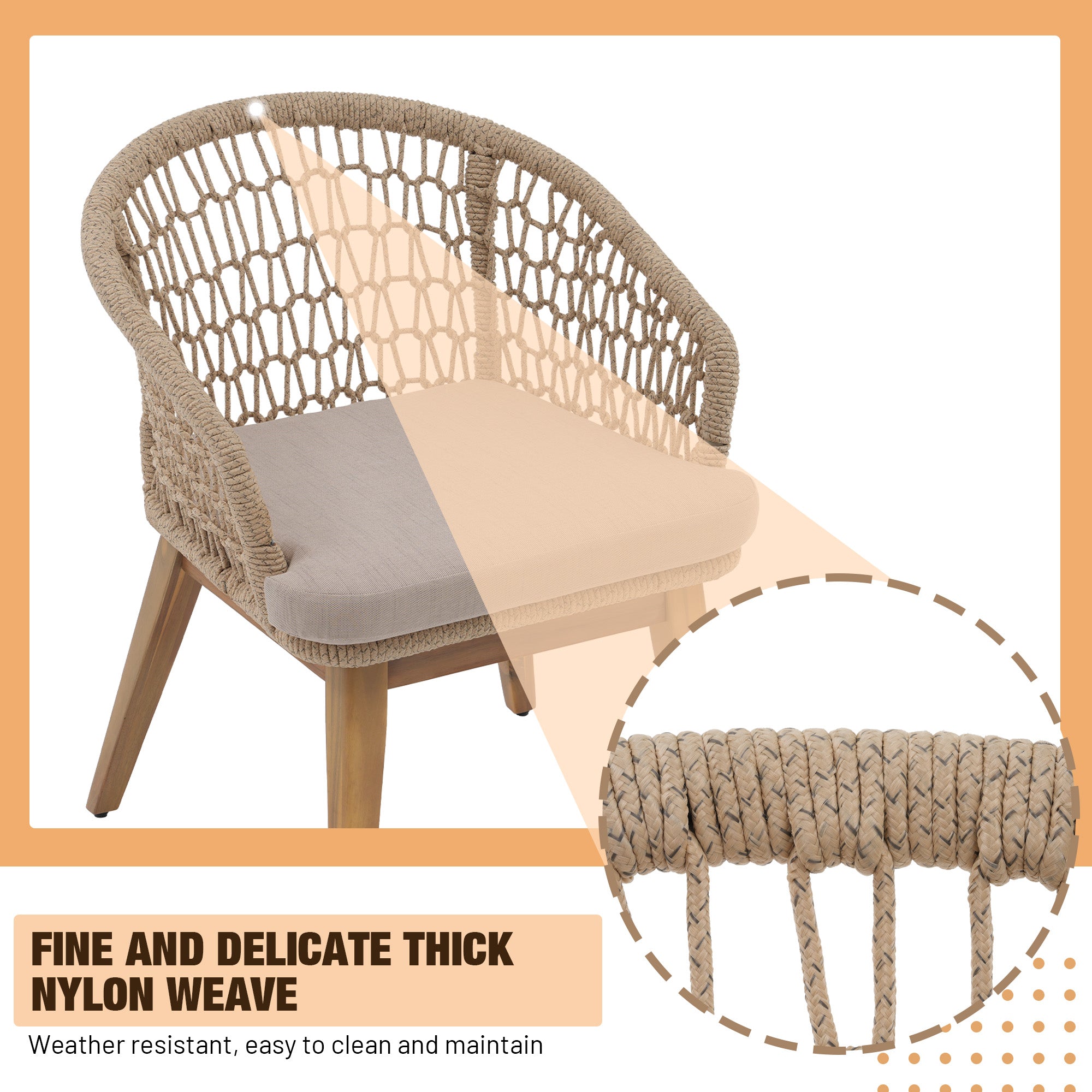 acacia wooden outdoor dining chairs with beige rope design detail- Jardina Modern Premium Patio Outdoor Furniture#Color_Beige