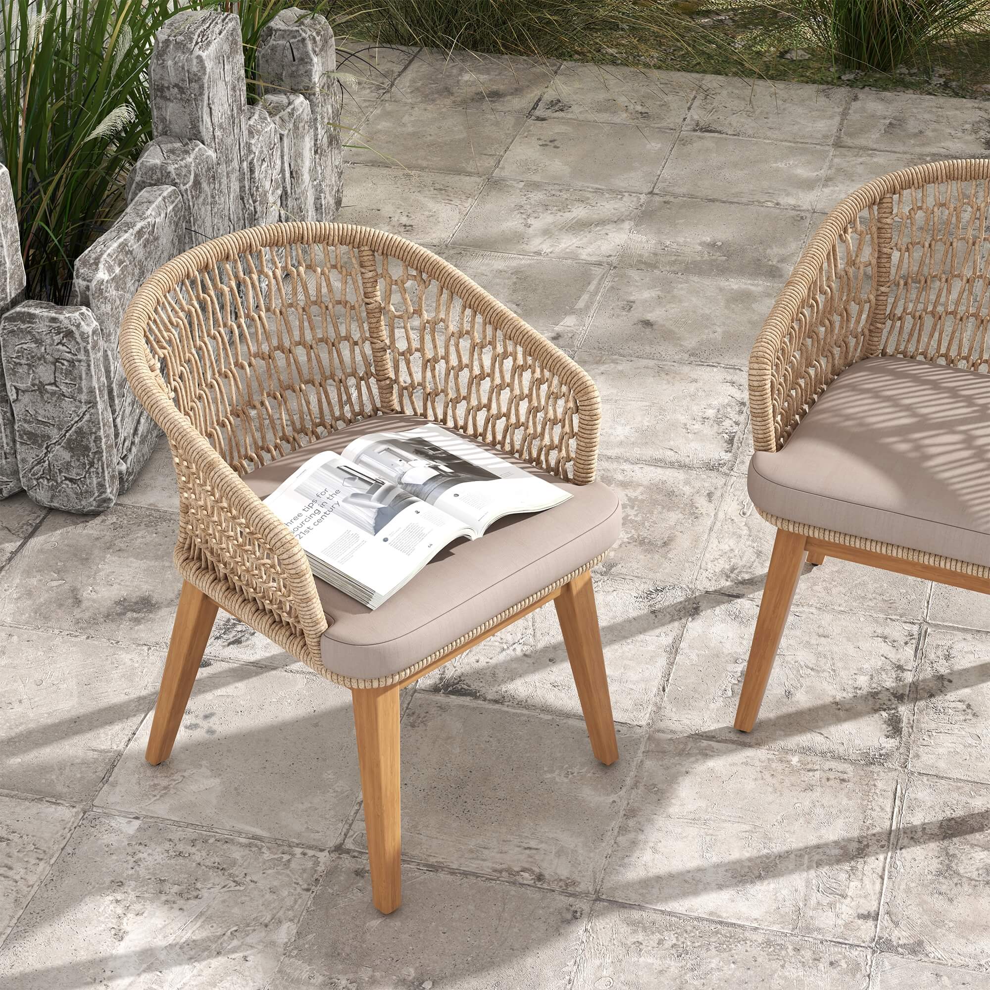 wooden outdoor dining armchairs with beige rope design- Jardina Modern Premium Patio Outdoor Furniture#Color_Beige