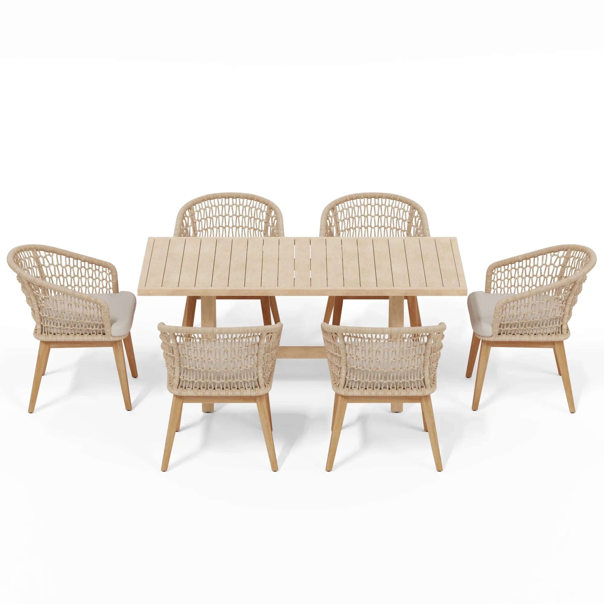 Beige acacia wooden outdoor patio dining set for 6 people with rope design- Jardina Modern Premium Patio Outdoor Furniture#Color_Beige