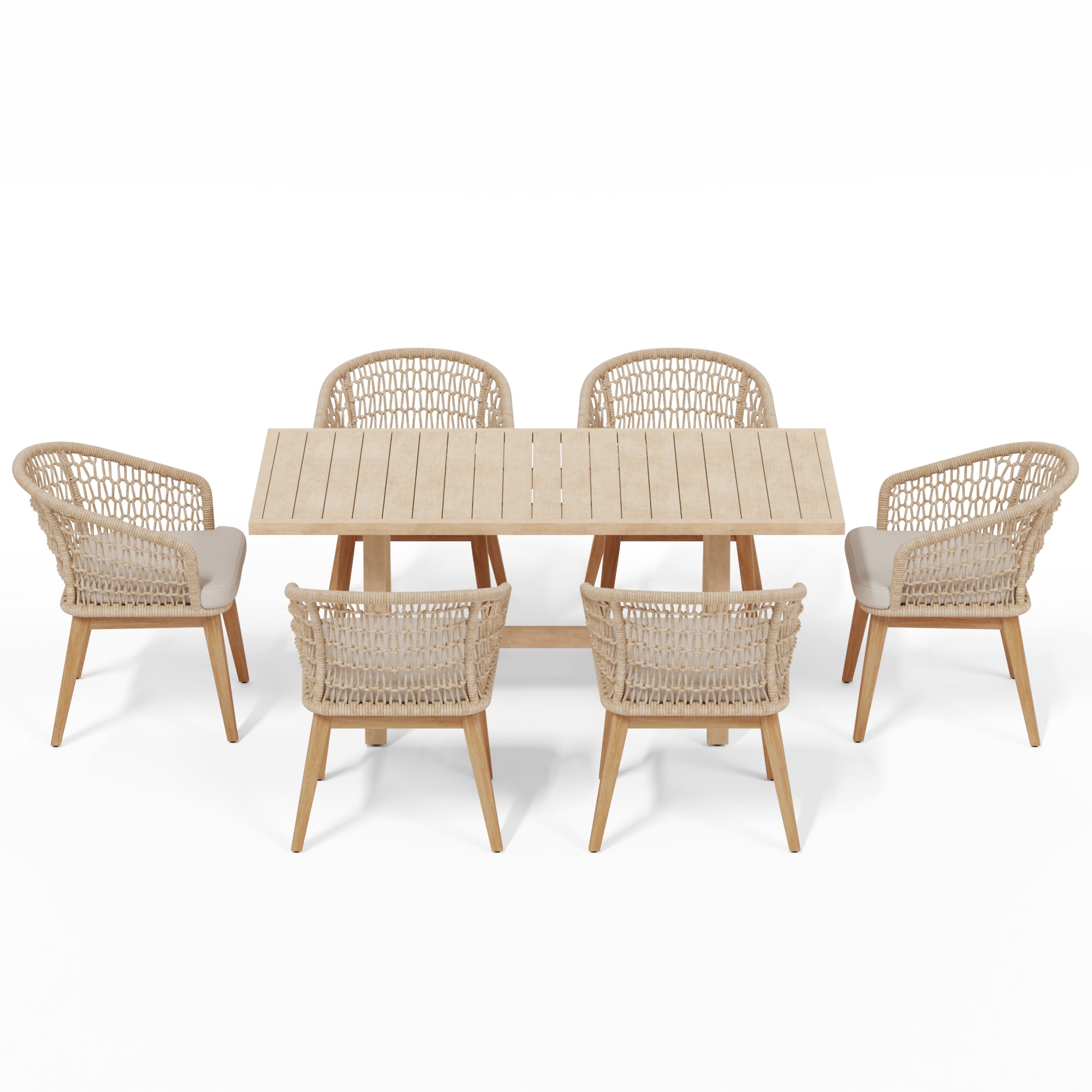 Beige acacia wooden outdoor patio dining set for 6 people with rope design- Jardina Modern Premium Patio Outdoor Furniture#Color_Beige