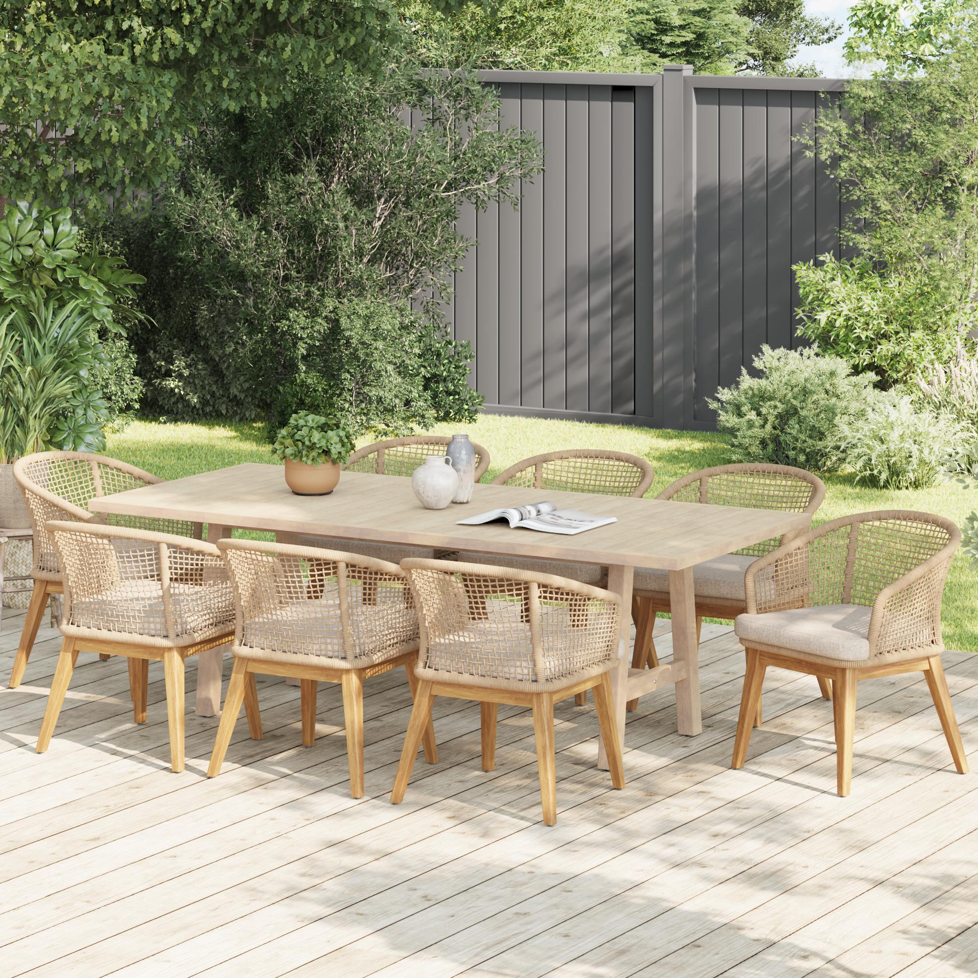 acacia wooden outdoor dining set for 8 with rope design and grey cushions on a backyard- Jardina Modern Premium Patio Outdoor Furniture#Color_Beige