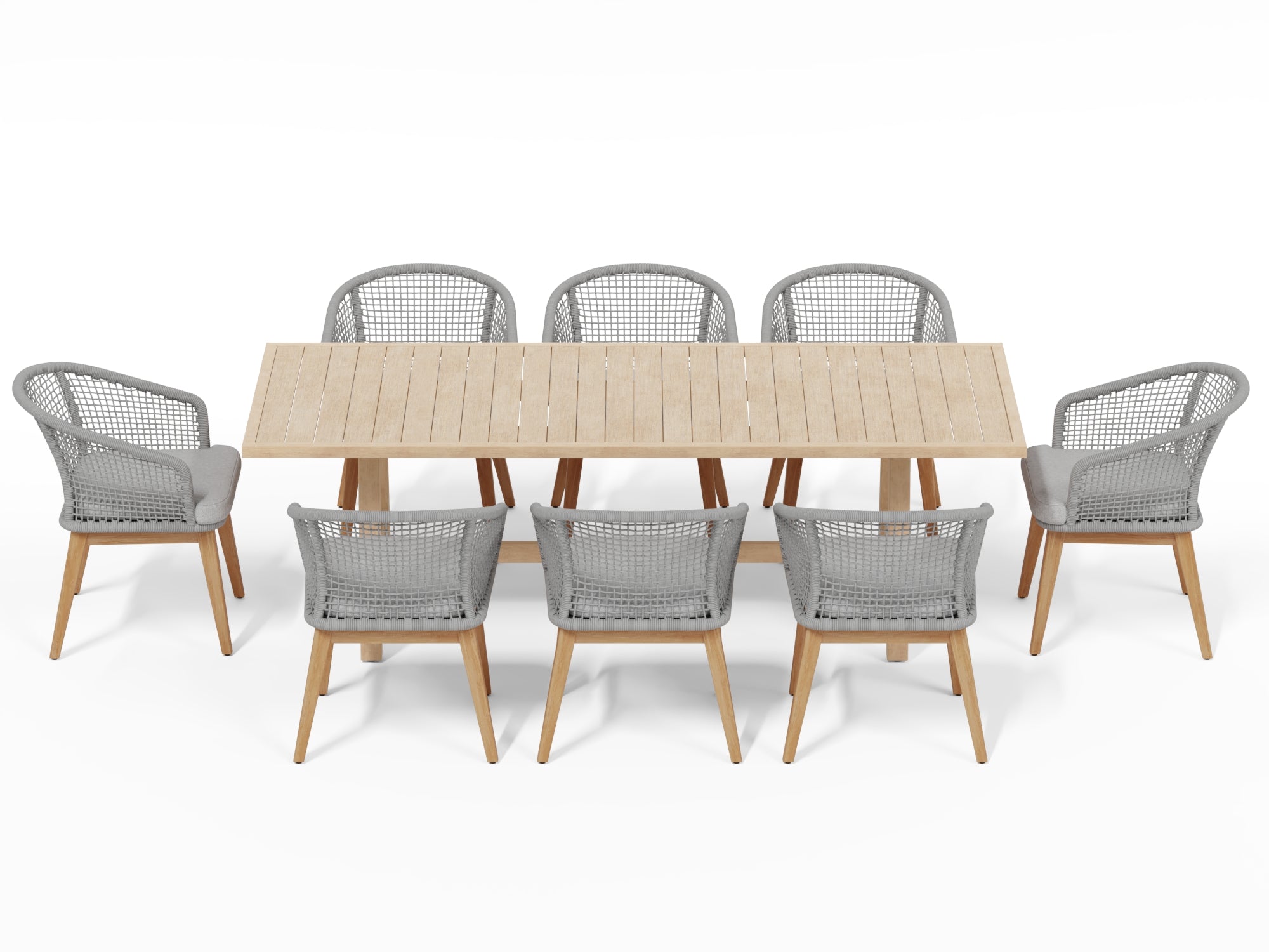 wooden outdoor dining table and gray chairs for 8 with rope design- Jardina Modern Premium Patio Outdoor Furniture#Color_Grey