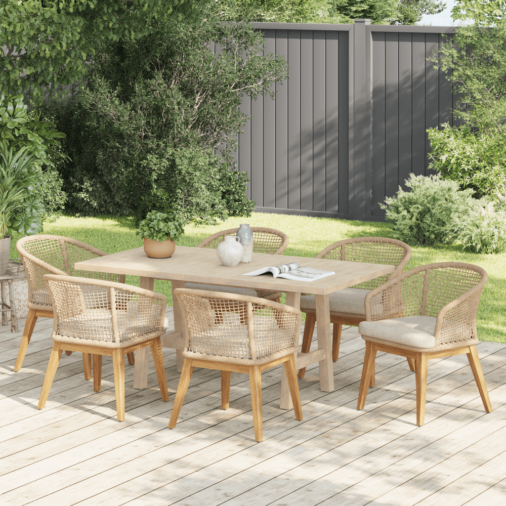7pcs Outdoor dining set with acacia wooden table and chairs on a wooden deck- Jardina Modern Premium Patio Outdoor Furniture