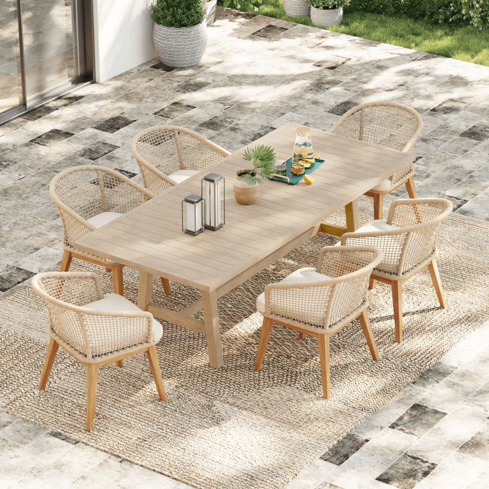 Noto Wooden Outdoor Dining Set with Checkerboard Woven Chairs for 6 People, 67''