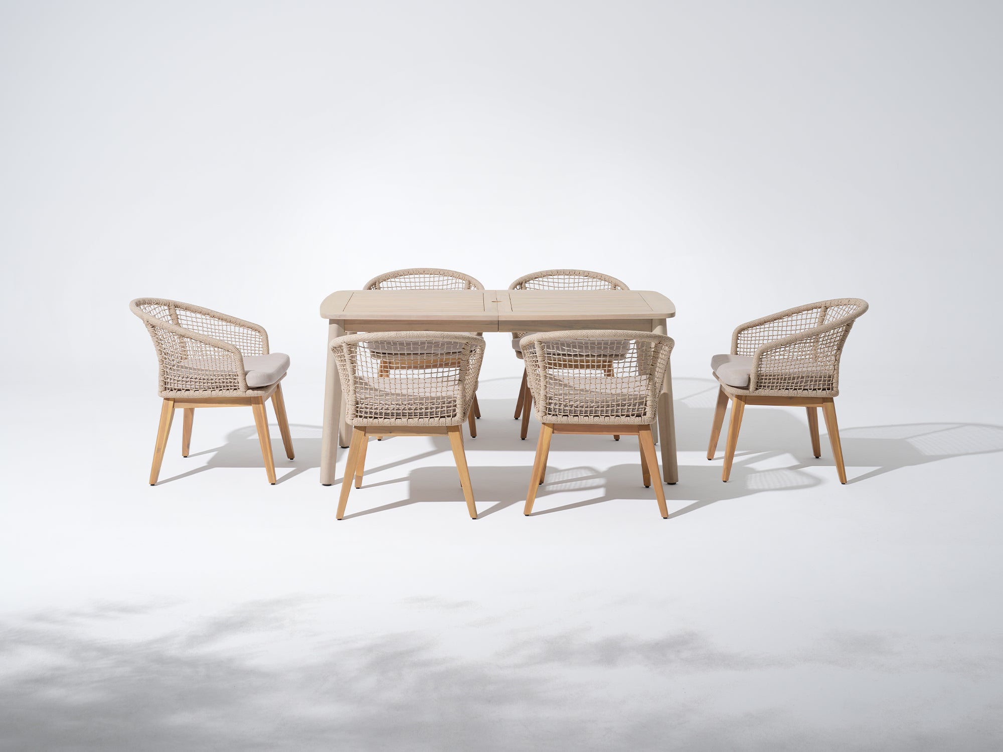 Outdoor Acacia Dining Set with Checkerboard Woven Chairs & Umbrella Hole for 4-6 People, 63" Tapered Legs - Jardina Premium Modern Outdoor Dining Furniture