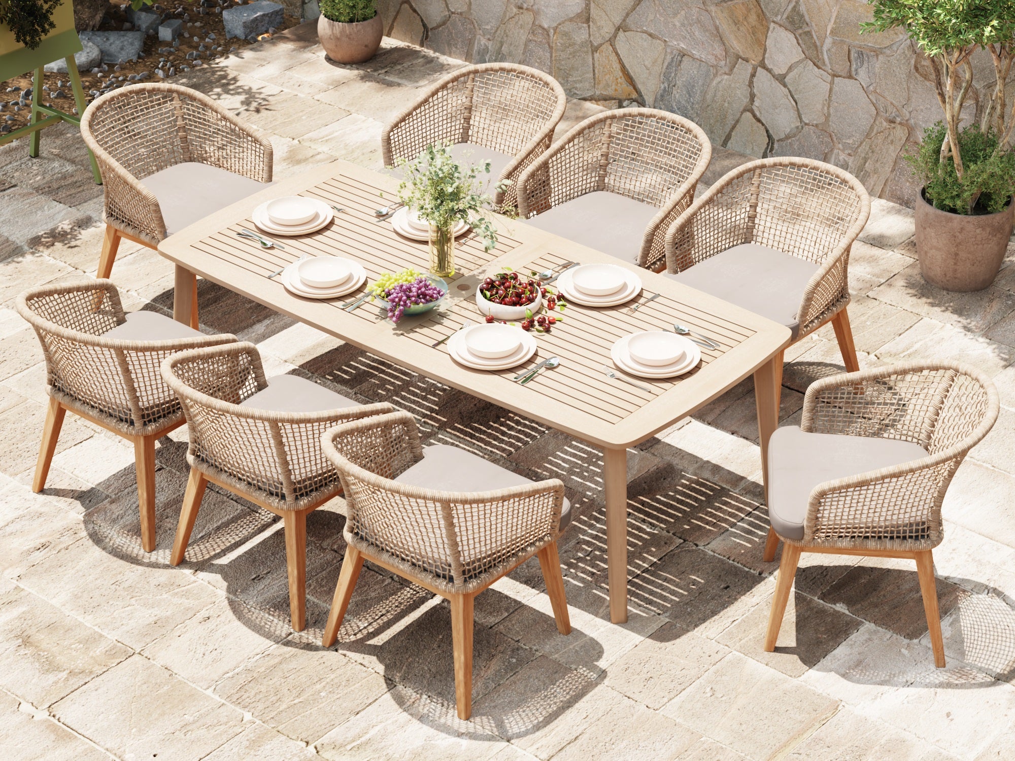 acacia wood and rope Outdoor dining set for 8 people with umbrella hole and cushions
