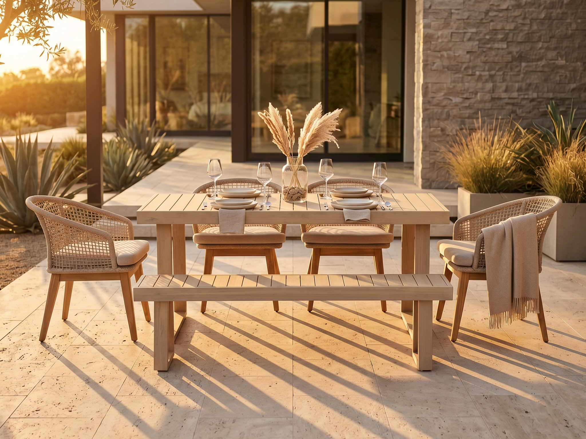 Acacia wood Outdoor Dining Set with Umbrella Hole for 6 People, four Checkerboard Woven Chairs & a Bench, 67" Sled-Leg- Jardina Premium Modern Outdoor Dining Furniture