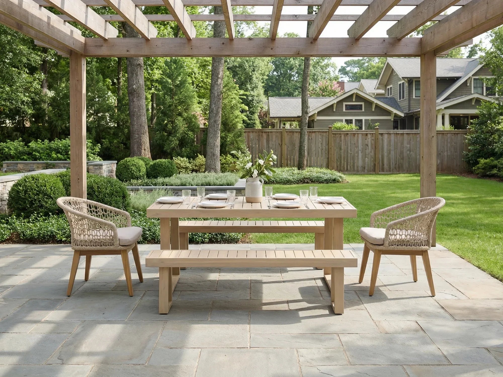Outdoor patio furniture set with wooden dining table for 6 and benches, chairs under a pergola - Jardina Premium Modern Outdoor Dining Furniture