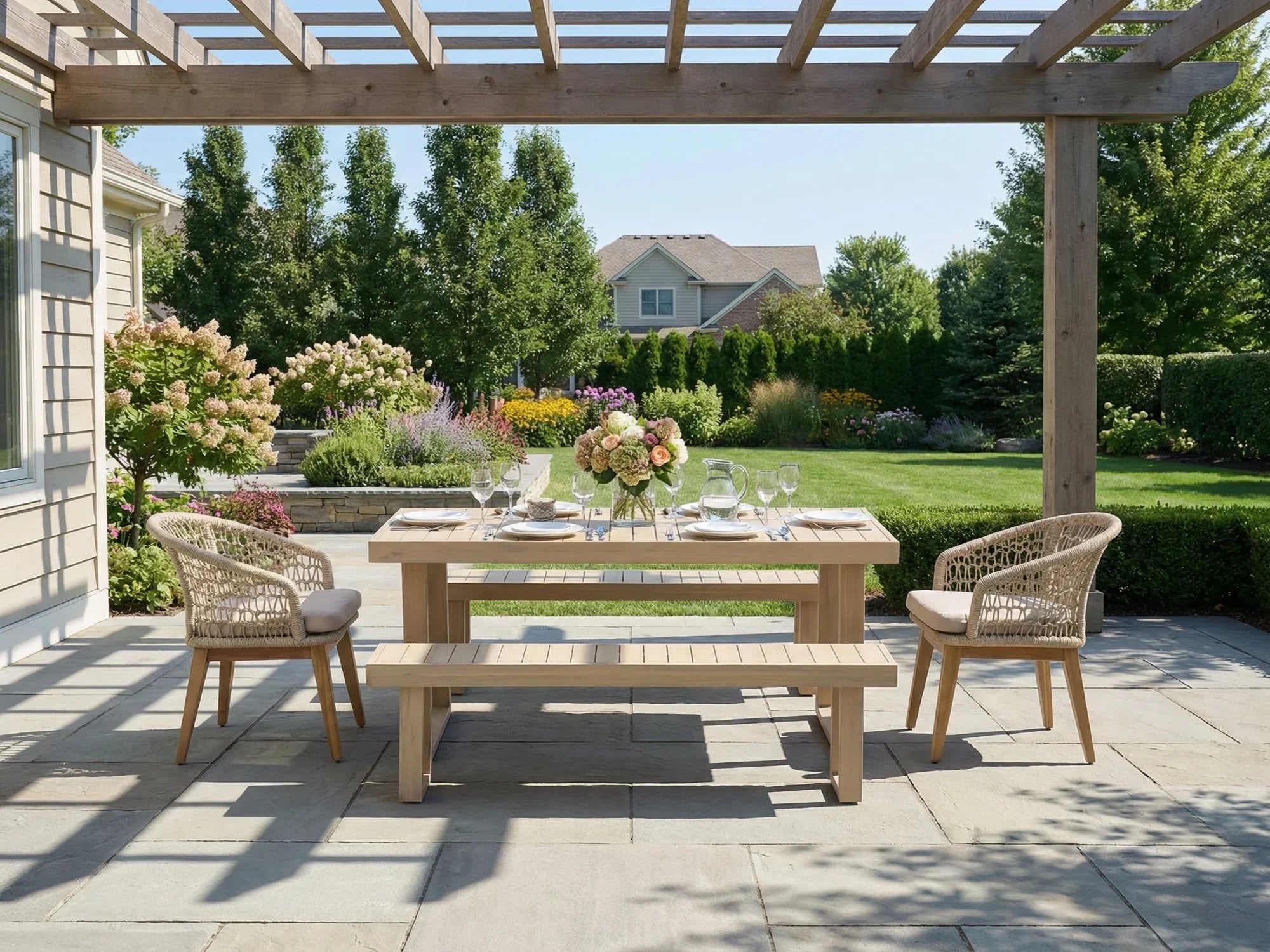 Outdoor patio dining setting for 6 with wooden furniture, table, benches and chairs - Jardina Premium Modern Outdoor Dining Furniture