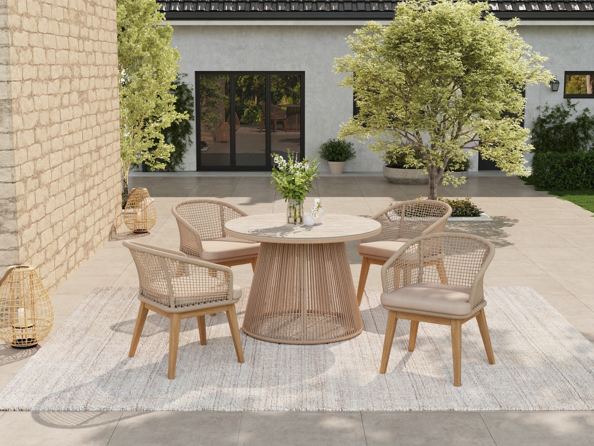 acacia wood Outdoor patio set with round table and rope chairs on a patio for 4 people - Jardina Premium Modern Outdoor Dining Furniture