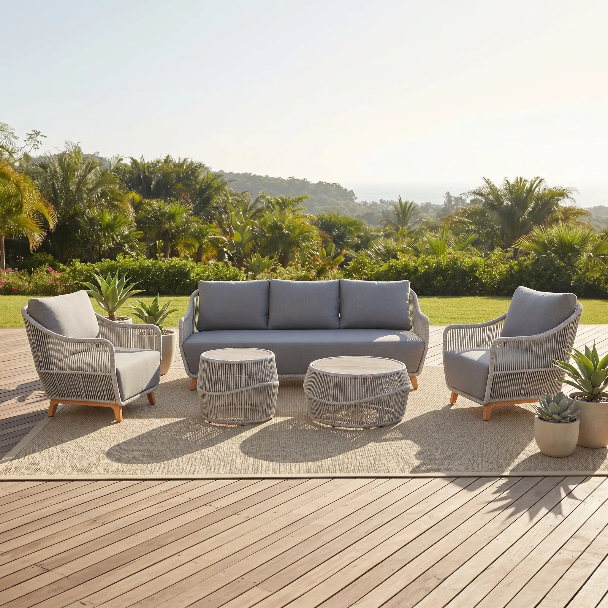 Outdoor patio set with gray sofa, chairs, and tables on a wooden deck with a scenic background.