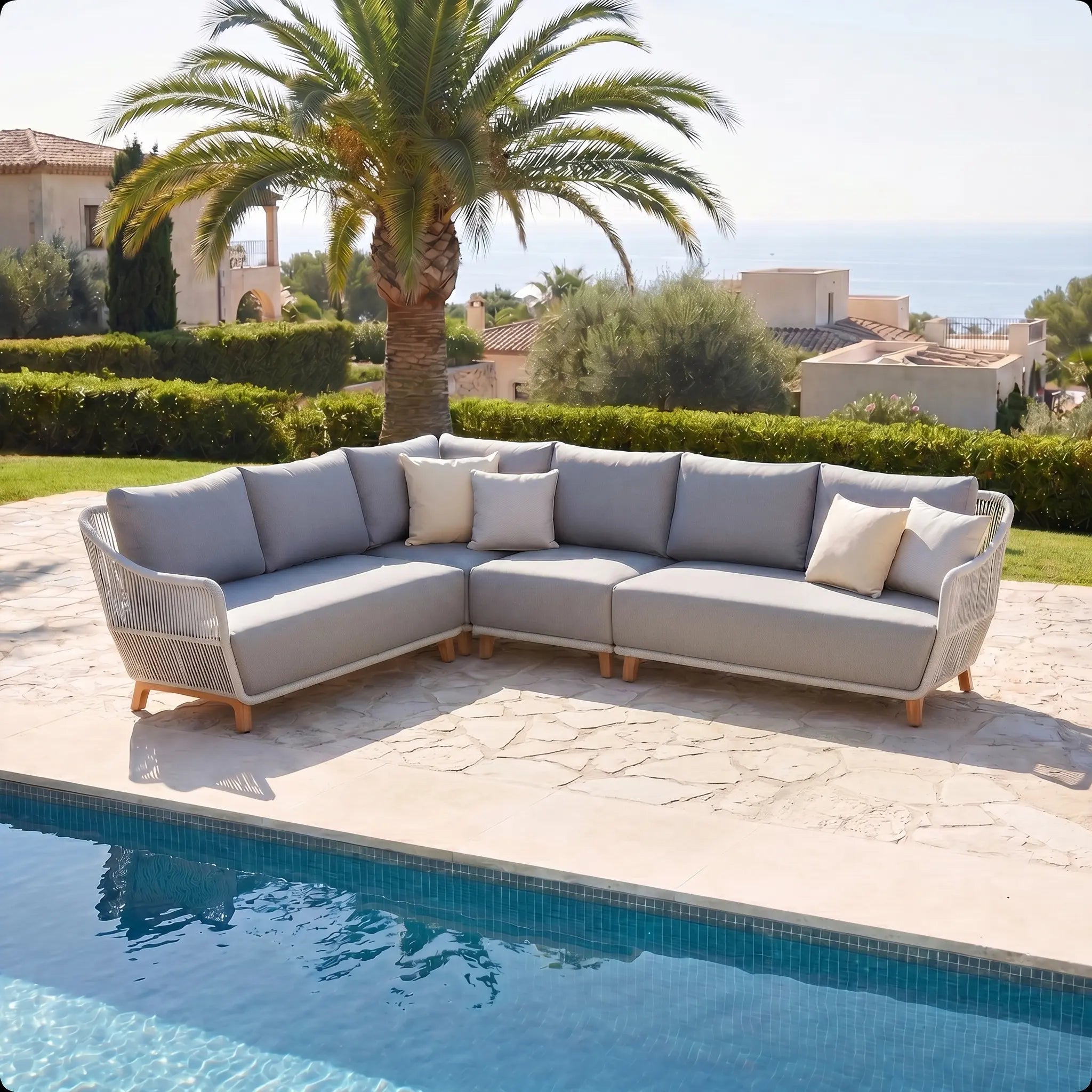 Plena L-Shaped Outdoor Sectional Set - Teak Wood & Handwoven Rope, Gray