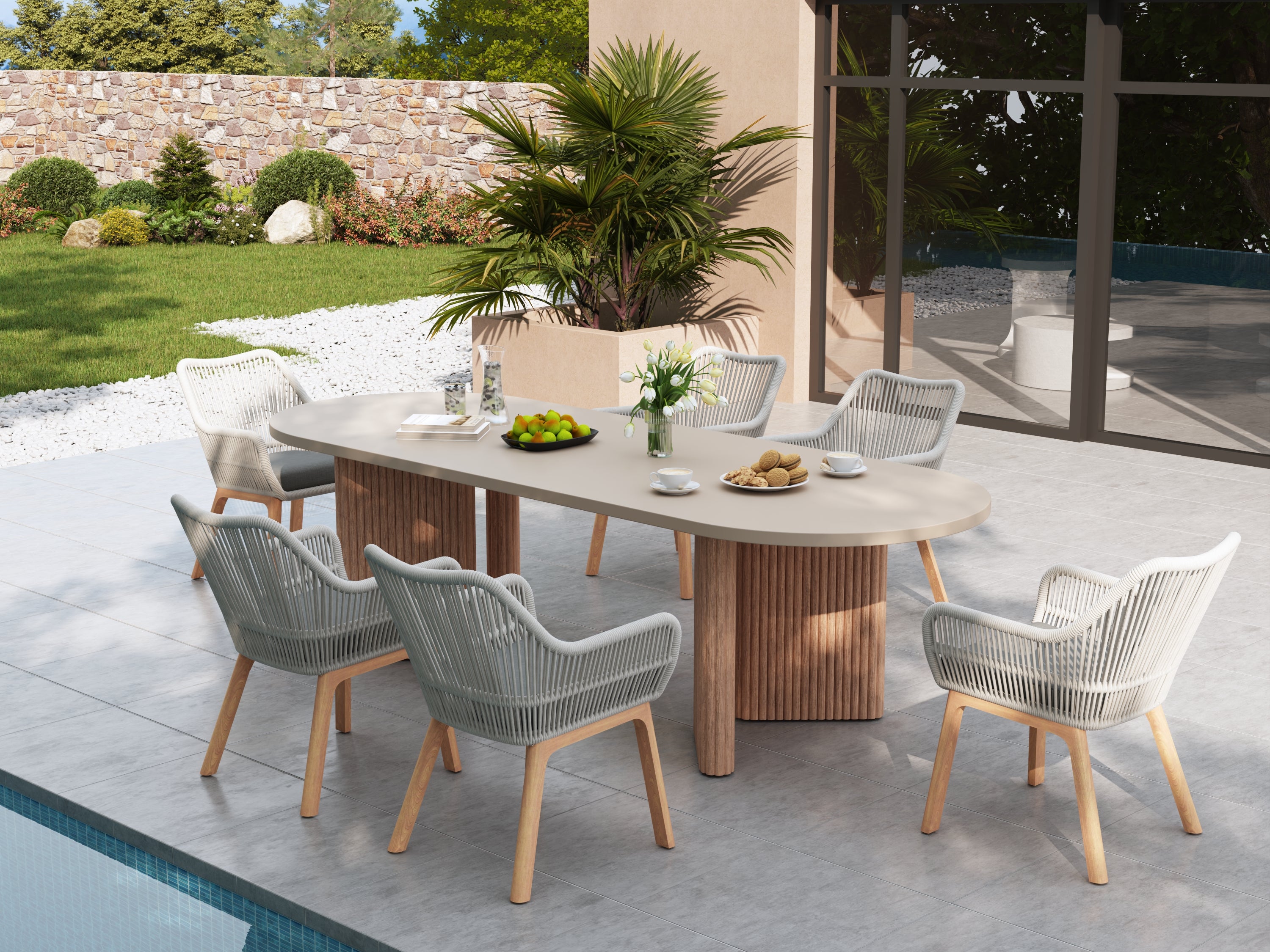 Plena & Tellus Teak Outdoor Dining Set For 6/8 People with Eucalyptus & Super Stone Table, 106.3''