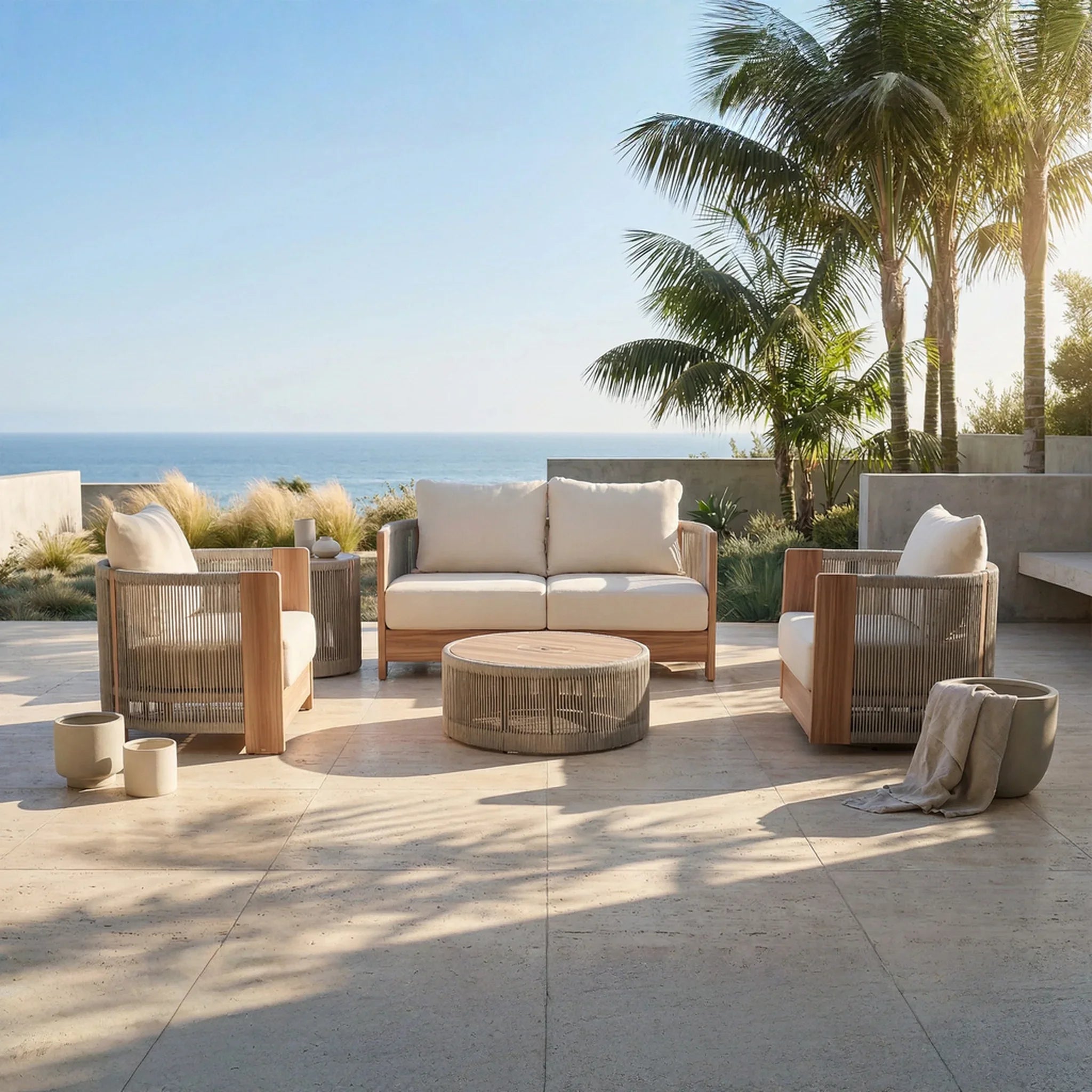 Outdoor patio furniture set with ocean view