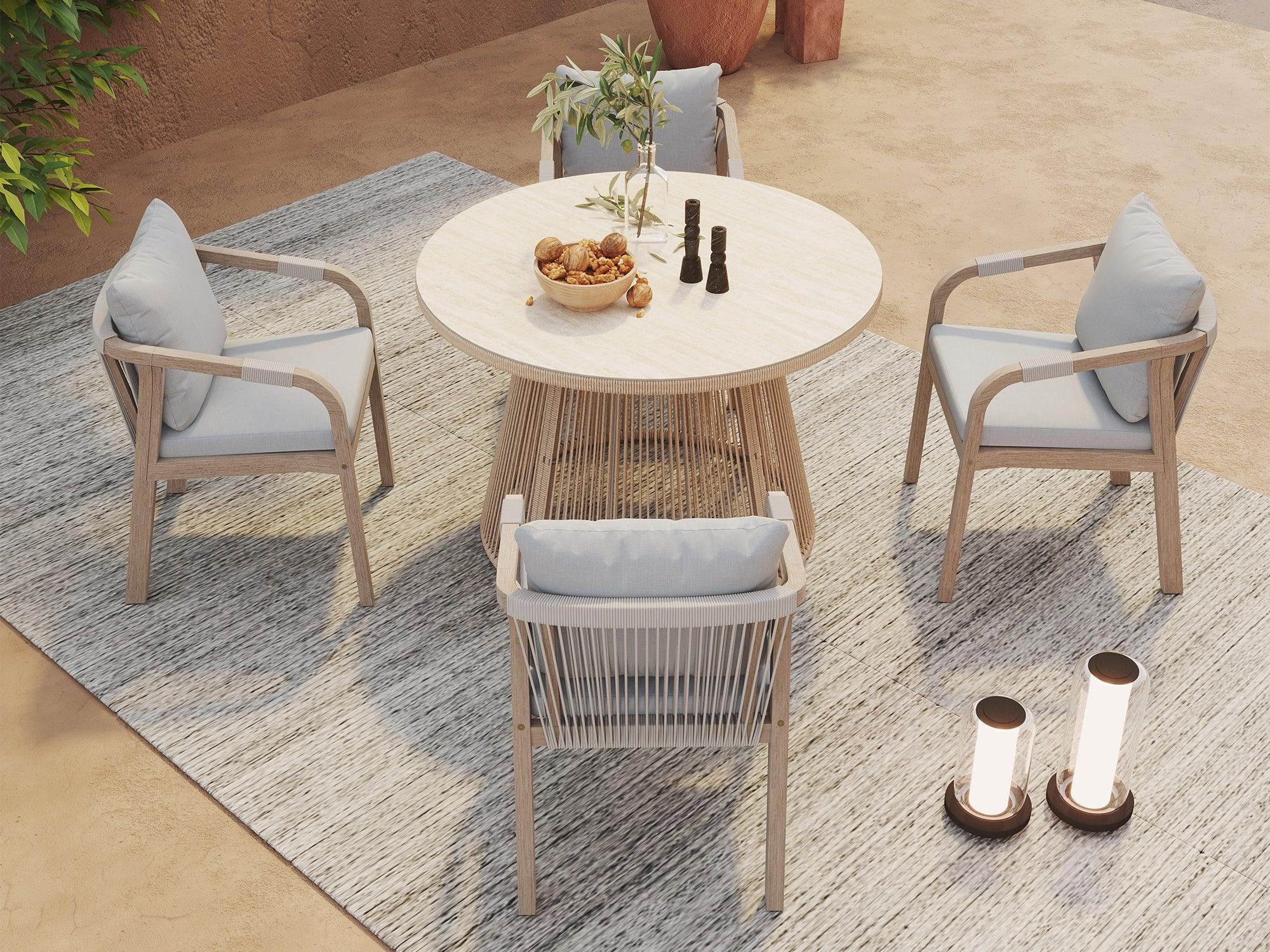 acacia wooden Outdoor furniture set with a round dining table and four rope chairs - Jardina Premium Modern Outdoor Dining Furniture