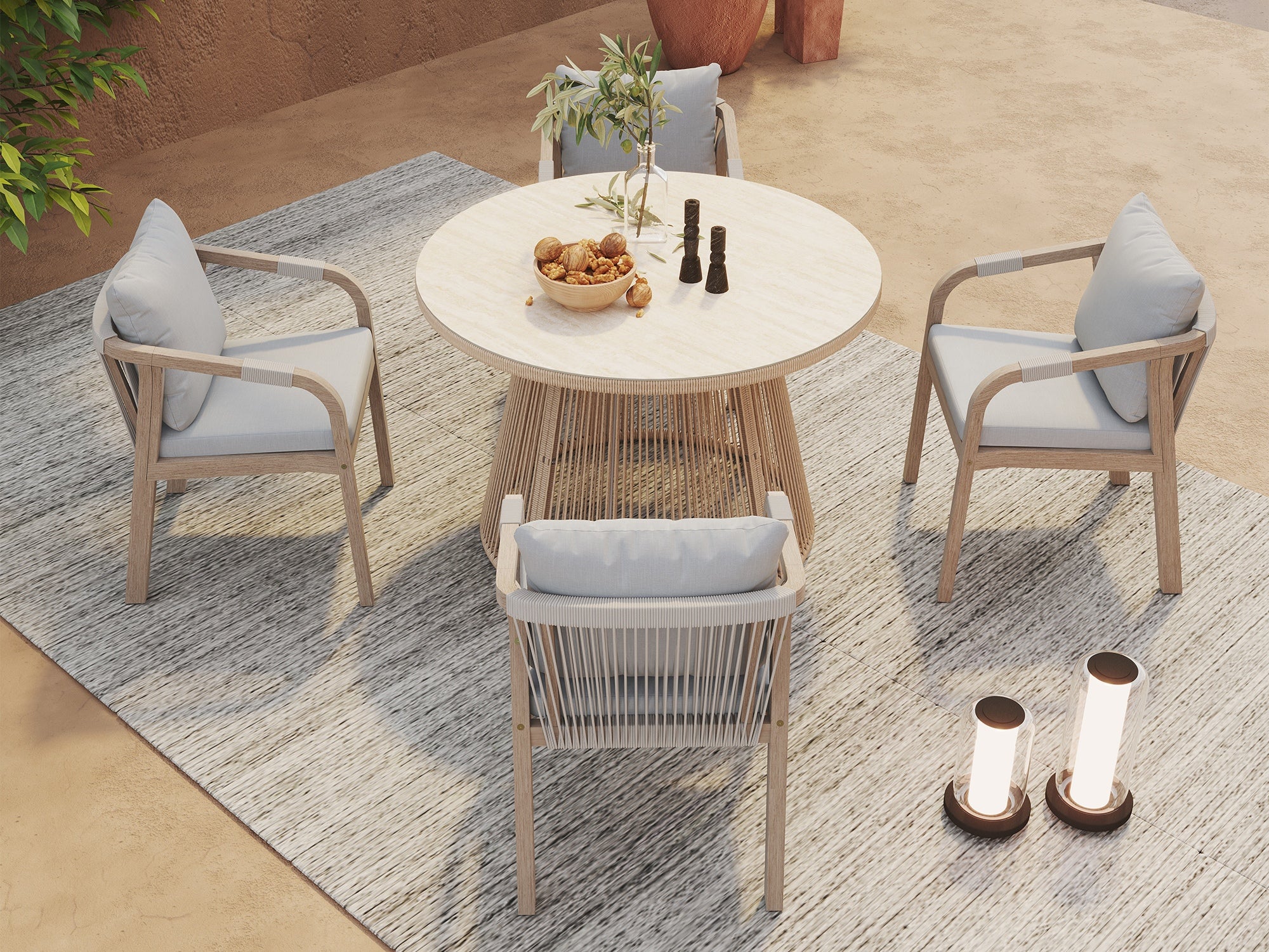 acacia wooden Outdoor furniture set with a round dining table and four rope chairs - Jardina Premium Modern Outdoor Dining Furniture