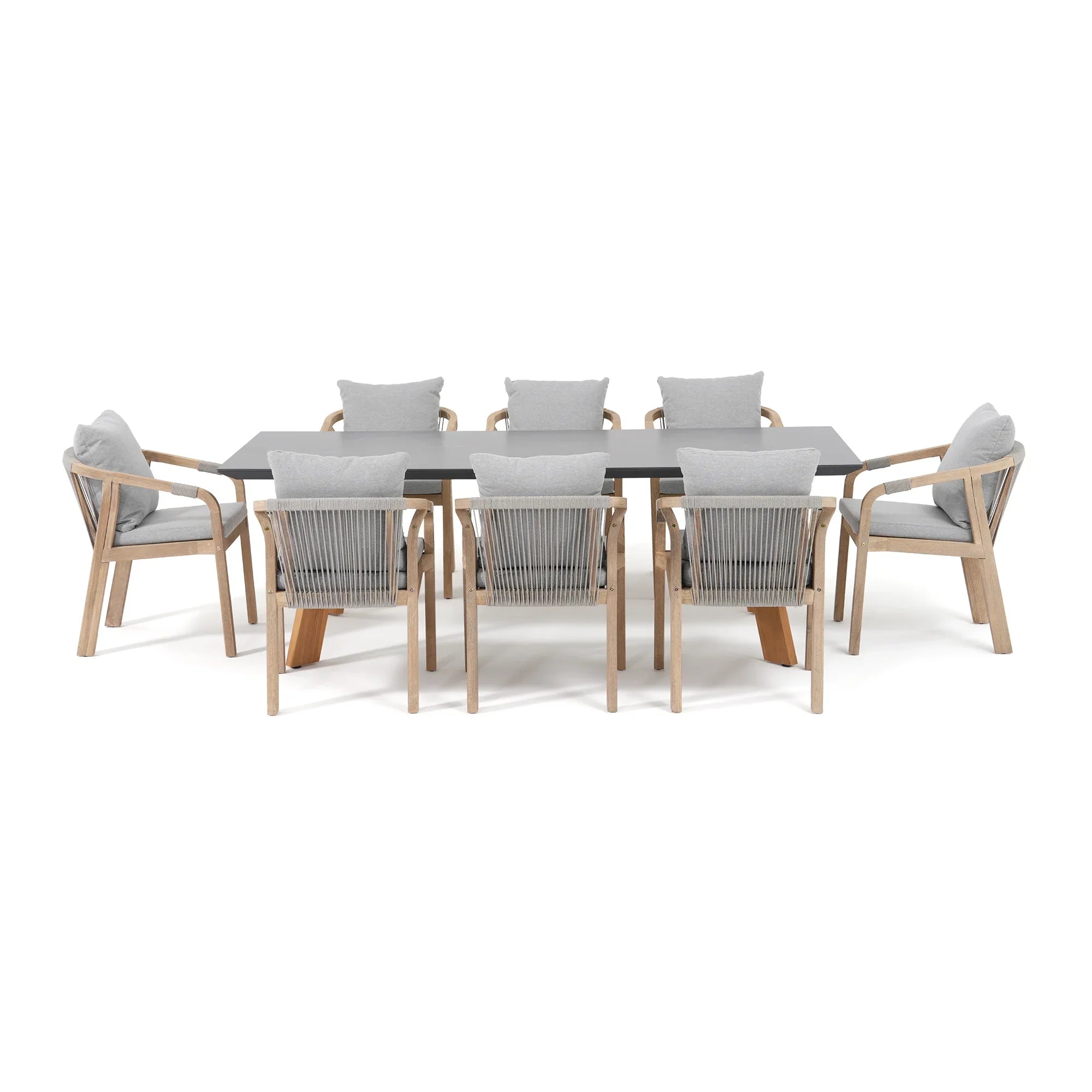 Thalea & Plena 8 Person Wooden Outdoor Dining Set with Laguna Stone Table, 90.6" Teak wood Leg