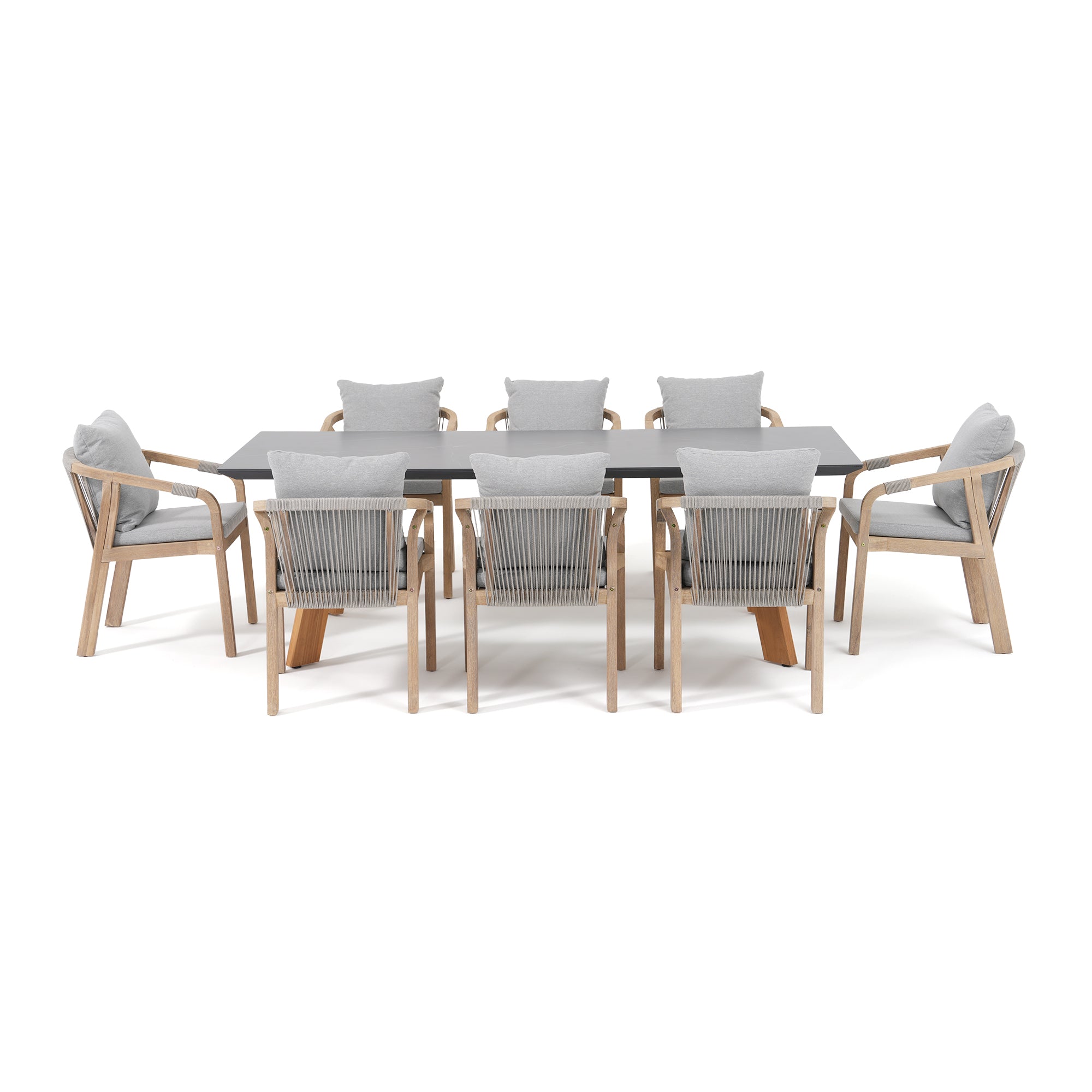 Thalea & Plena 8 Person Wooden Outdoor Dining Set with Laguna Stone Table, 90.6" Teak wood Leg