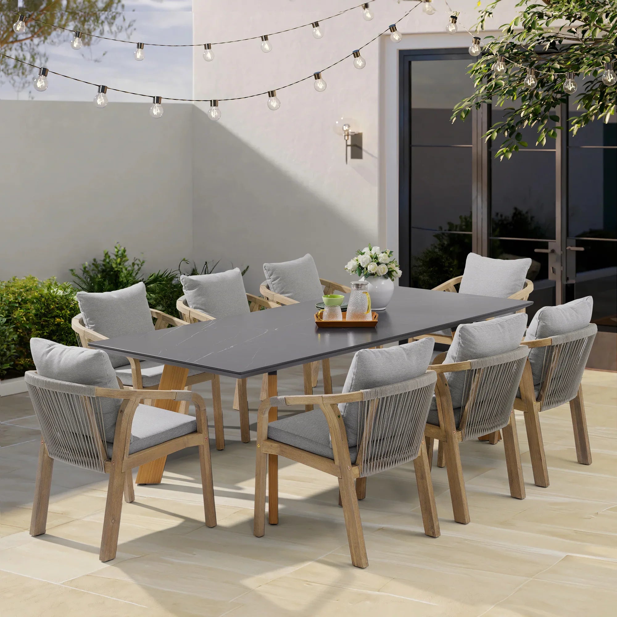 Thalea & Plena 8 Person Wooden Outdoor Dining Set with Laguna Stone Table, 90.6" Teak wood Leg