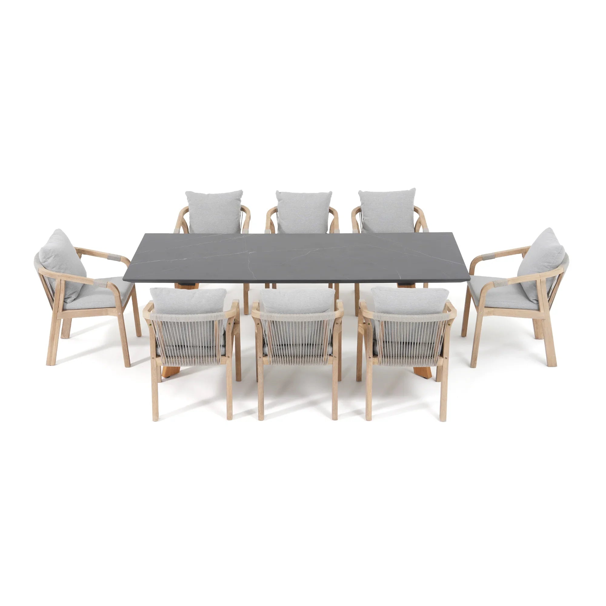 Thalea & Plena 8 Person Wooden Outdoor Dining Set with Laguna Stone Table, 90.6" Teak wood Leg