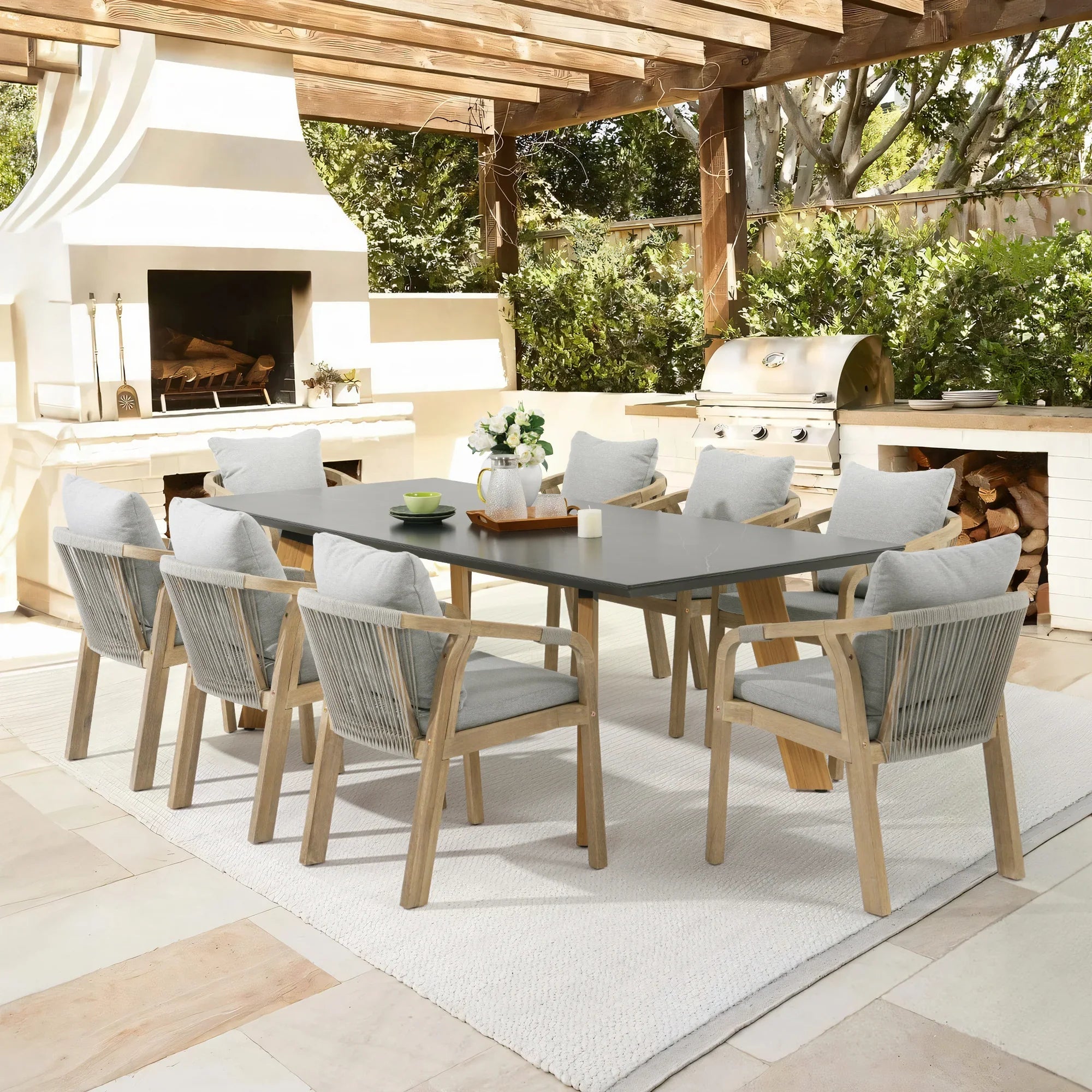 Thalea & Plena 8 Person Wooden Outdoor Dining Set with Laguna Stone Table, 90.6" Teak wood Leg