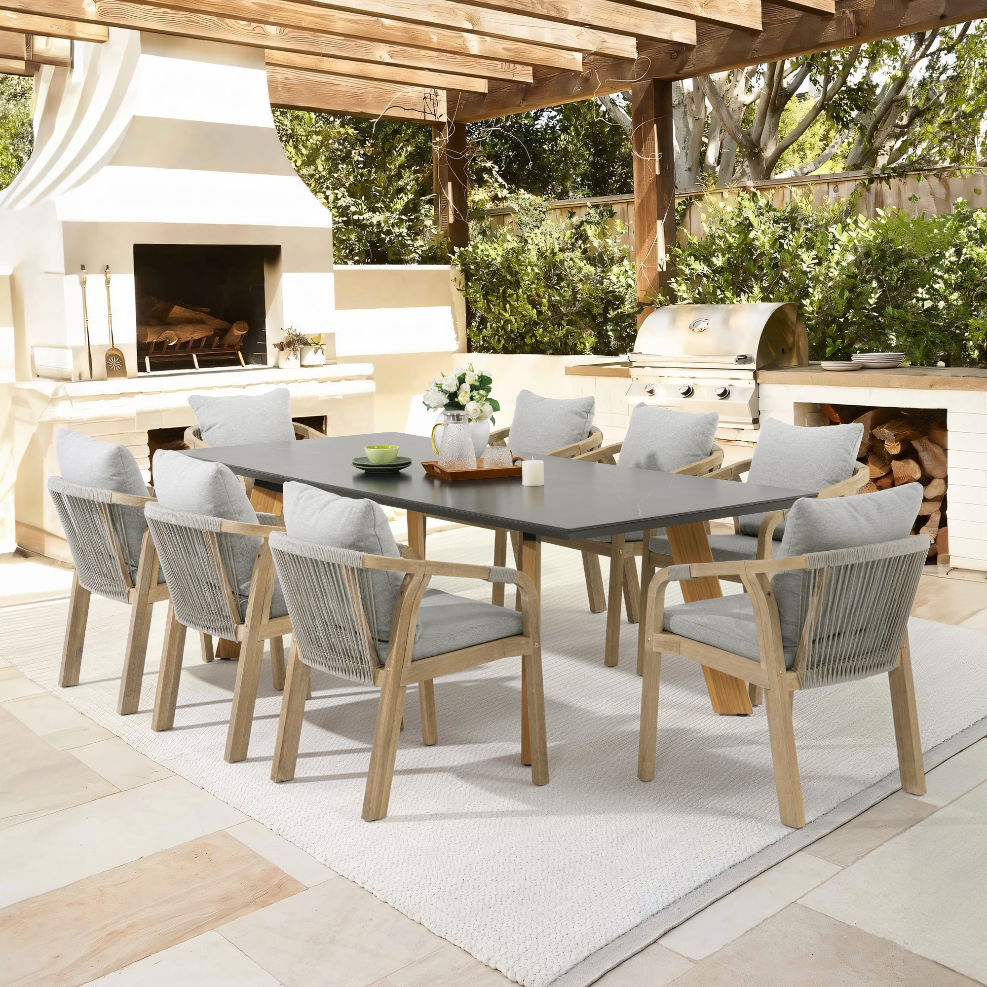 Thalea & Plena 8 Person Wooden Outdoor Dining Set with Laguna Stone Table, 90.6" Teak wood Leg