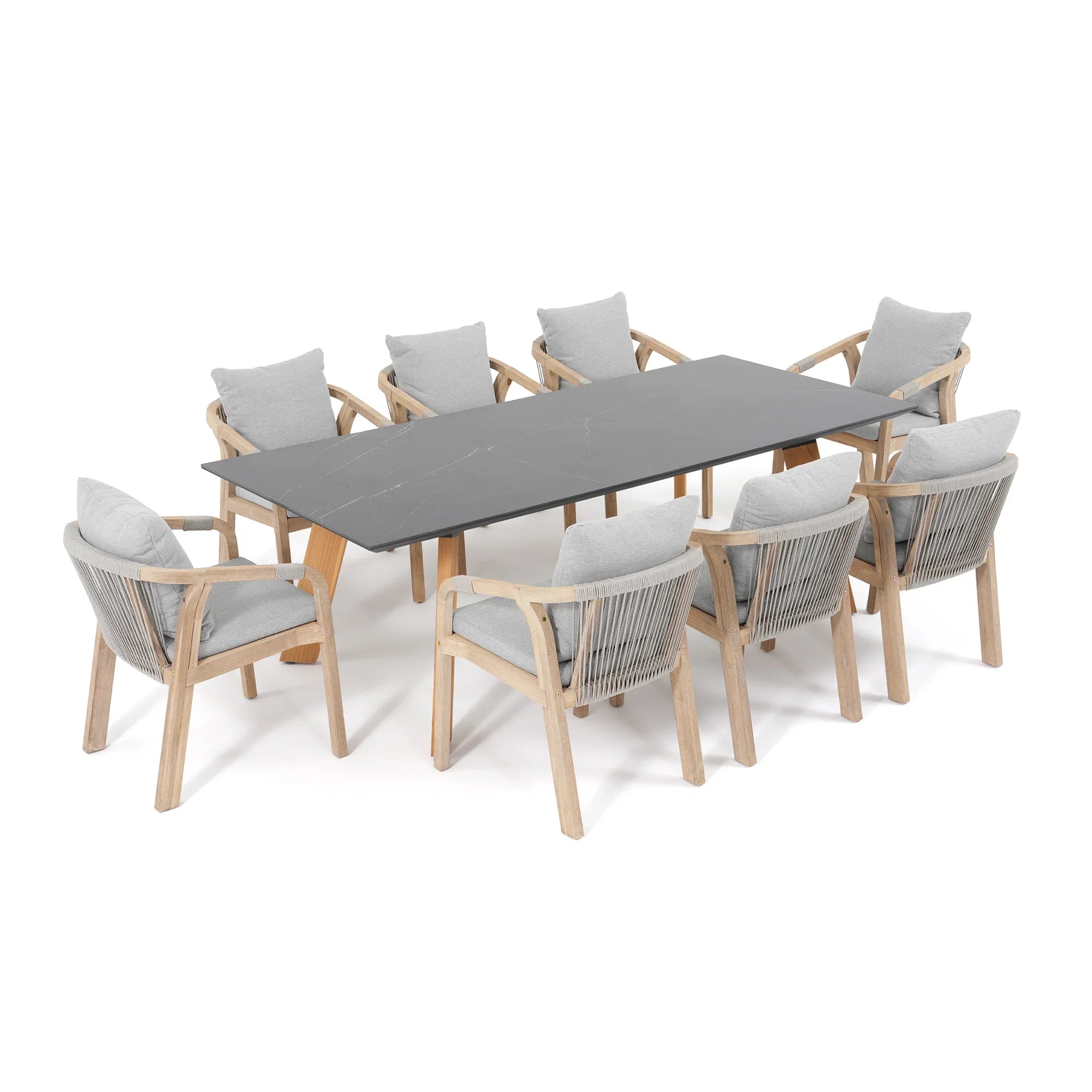 Thalea & Plena 8 Person Wooden Outdoor Dining Set with Laguna Stone Table, 90.6" Teak wood Leg