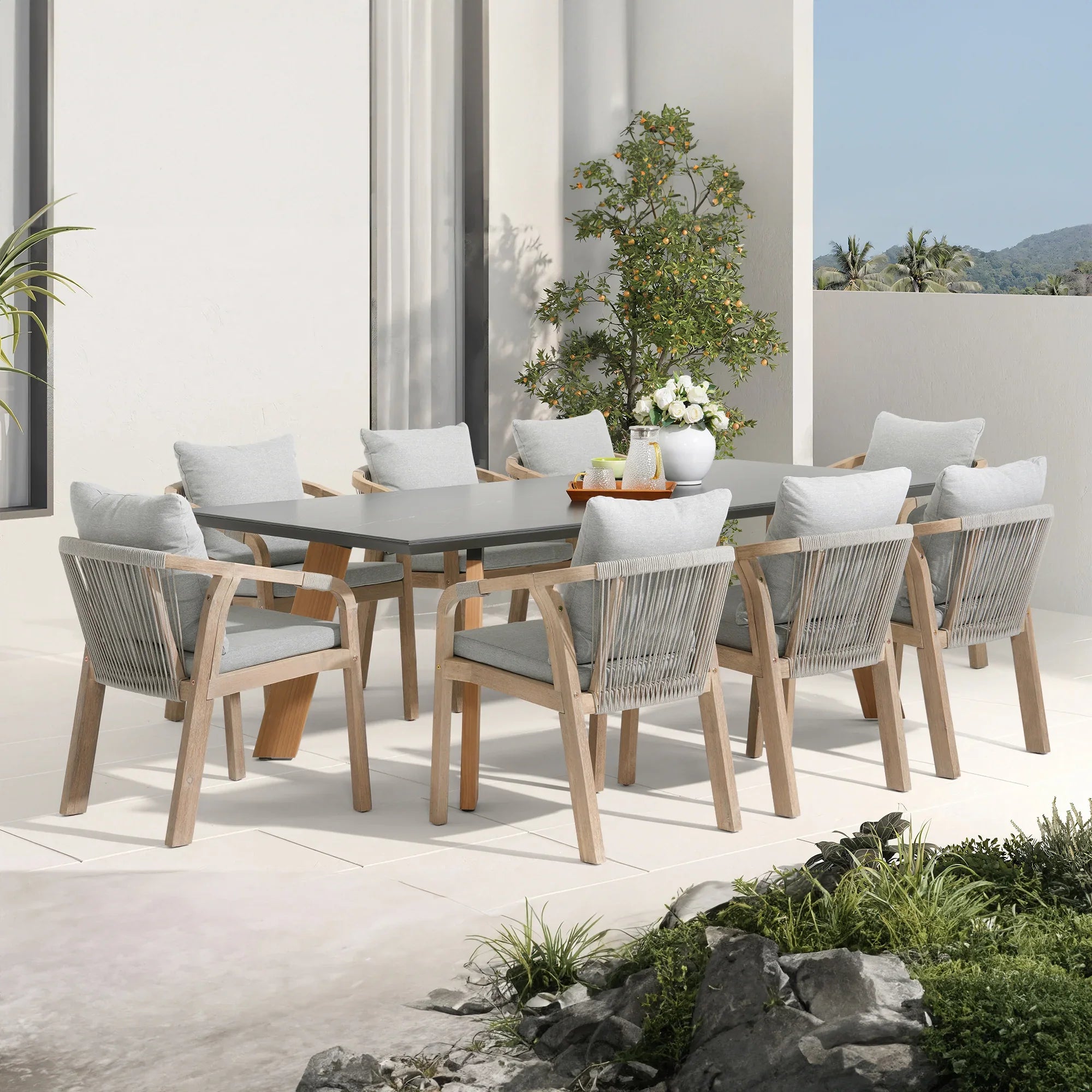 Thalea & Plena 8 Person Wooden Outdoor Dining Set with Laguna Stone Table, 90.6" Teak wood Leg