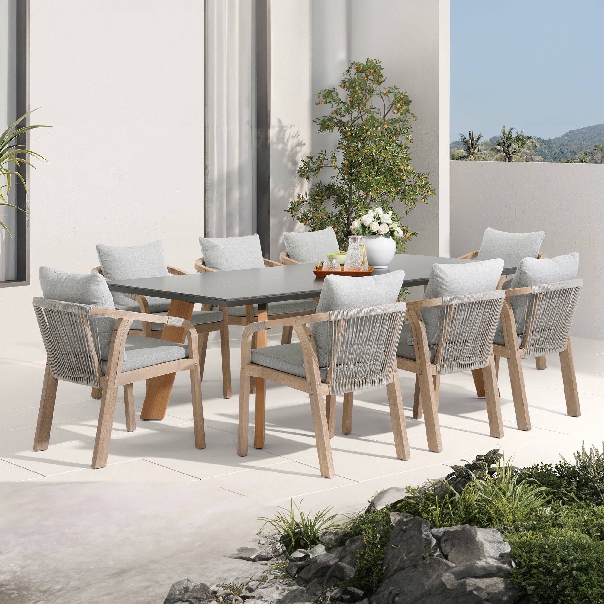 Thalea & Plena 8 Person Wooden Outdoor Dining Set with Laguna Stone Table, 90.6" Teak wood Leg