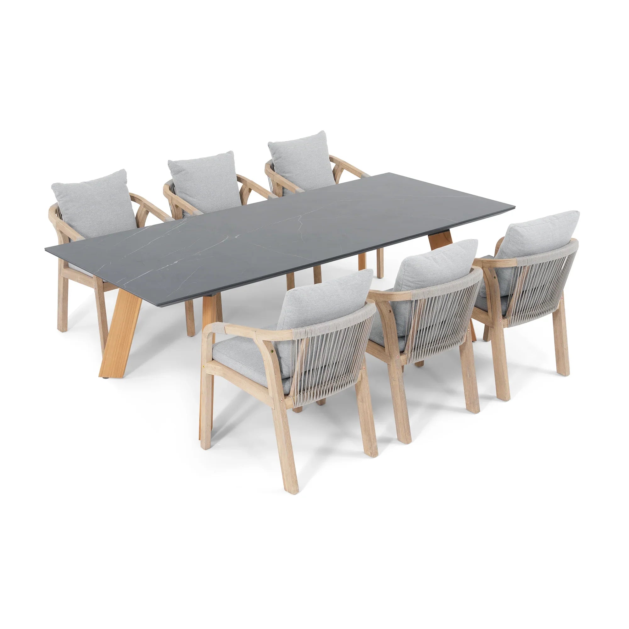 Thalea & Plena 8 Person Wooden Outdoor Dining Set with Laguna Stone Table, 90.6" Teak wood Leg