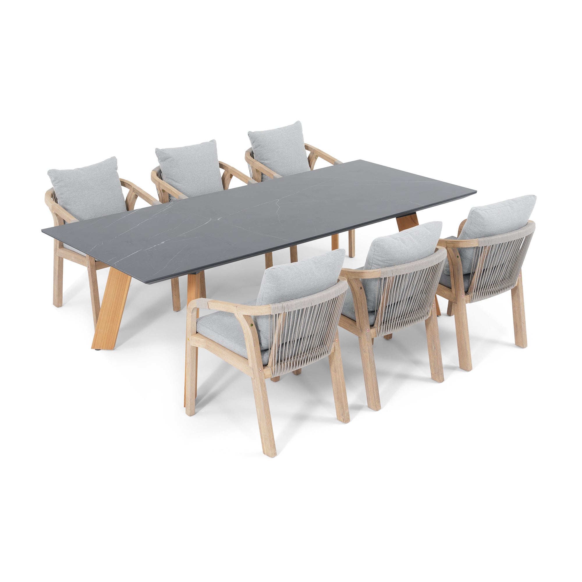 Thalea & Plena 8 Person Wooden Outdoor Dining Set with Laguna Stone Table, 90.6" Teak wood Leg