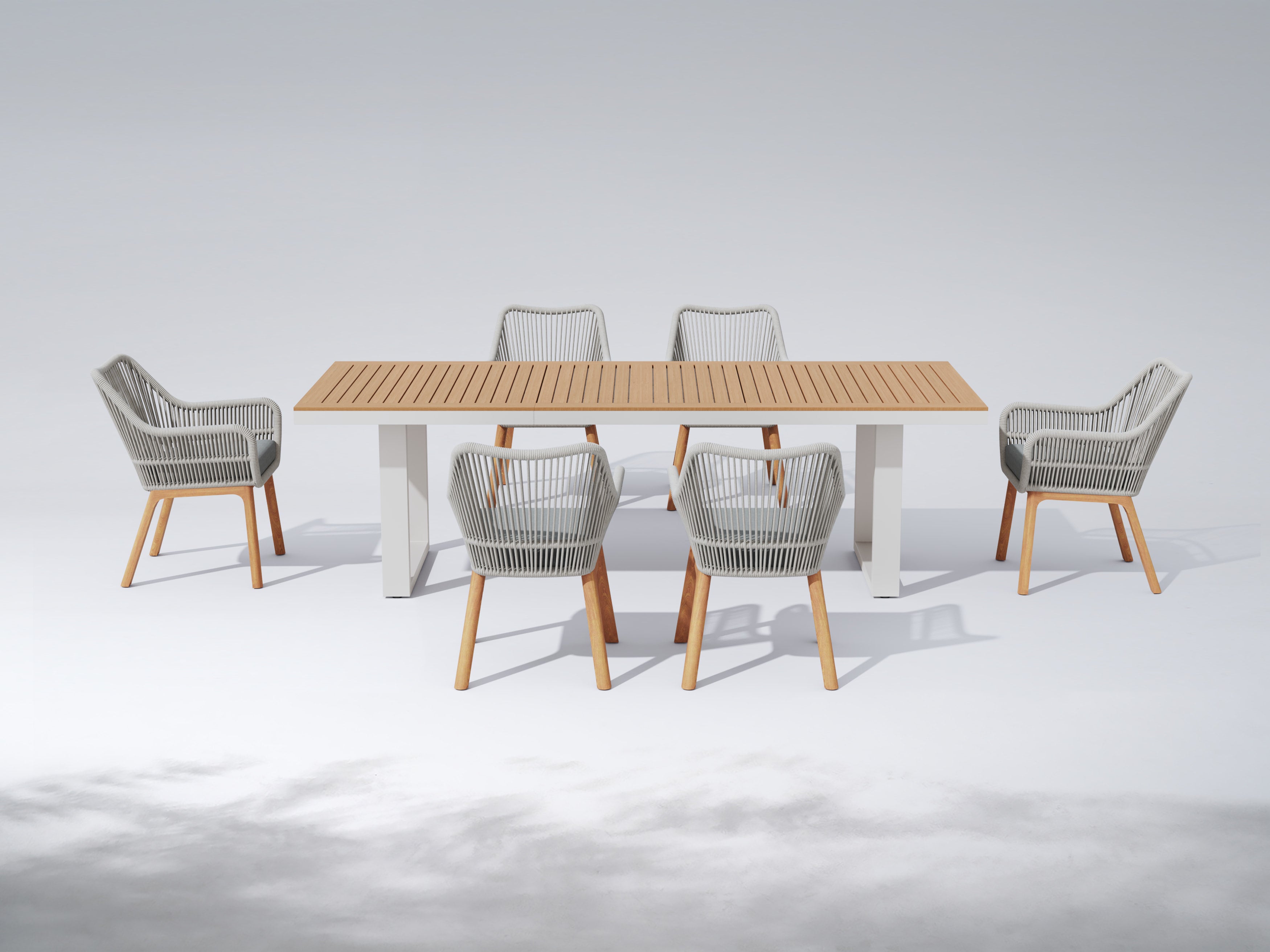 Plena & Addison Aluminum Outdoor Dining Set with Rope Chairs, Teak Leg, Umbrella Hole, Oyster White Frame, 97"