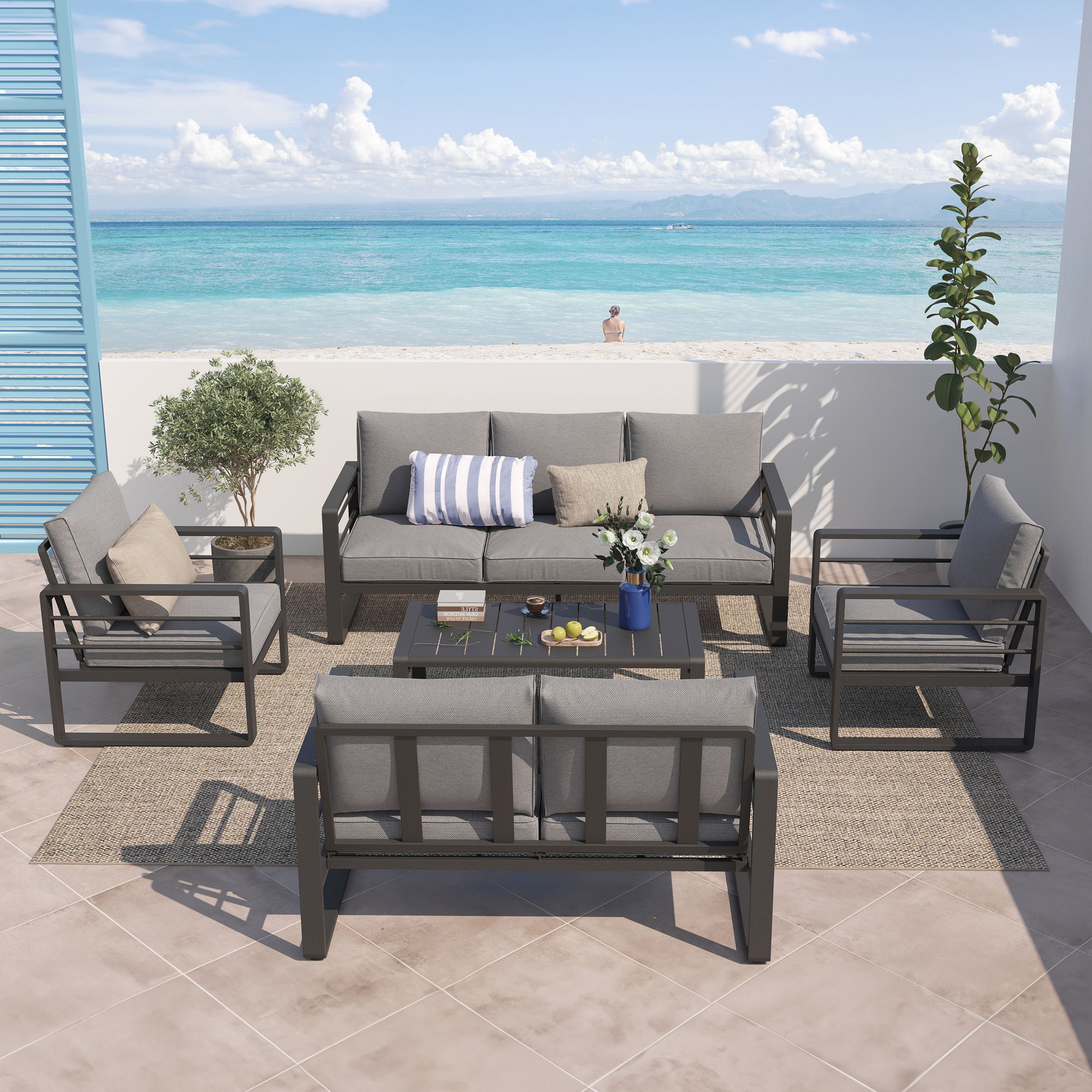 Salina Modern Aluminum Outdoor Furniture, Grey Aluminum frame Outdoor conversation set, in the yard - Jardina Furniture
