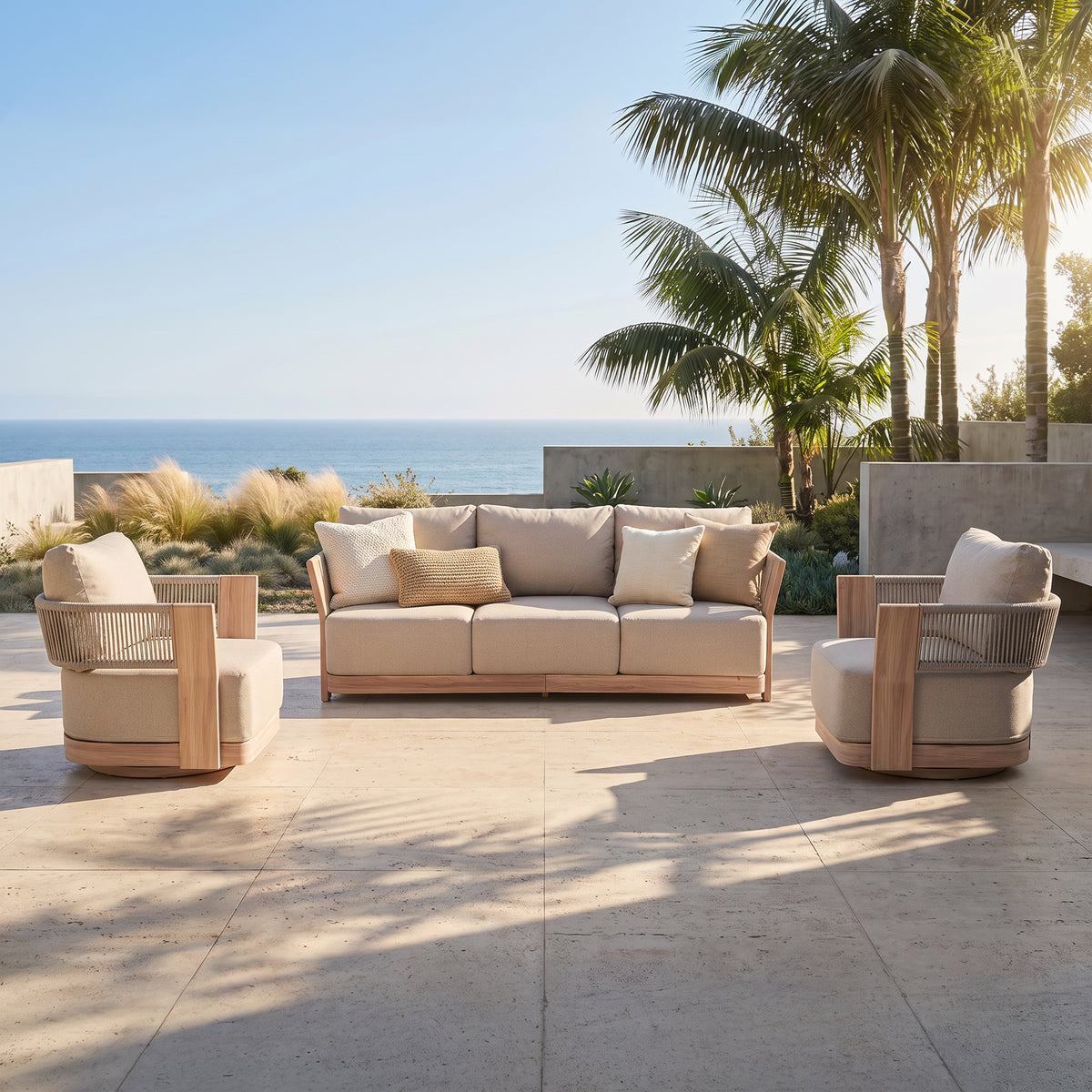 Bosa Rope Rattan Outdoor Conversation Set with Swivel Chair, Mixed Tables & Linen Cushions