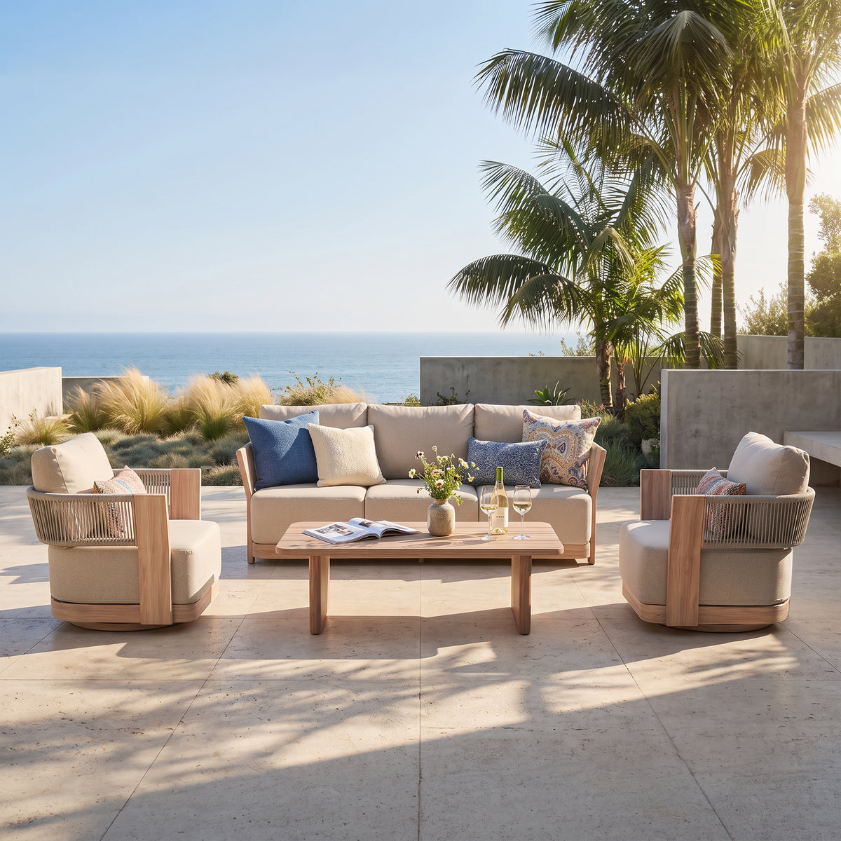 Bosa Rope Rattan Outdoor Conversation Set with Swivel Chair, Mixed Tables & Linen Cushions