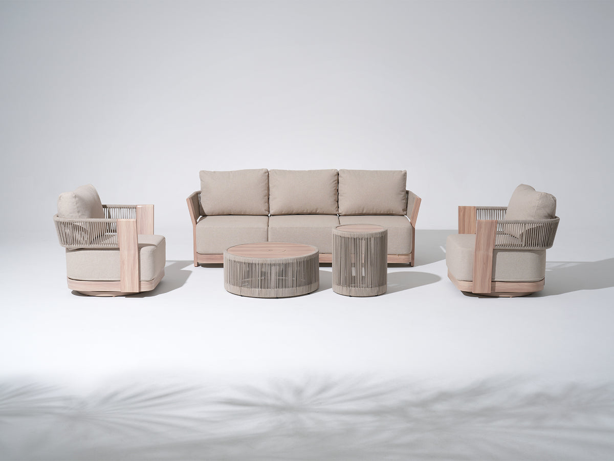 Bosa Rope Rattan Outdoor Conversation Set with Swivel Chair, Mixed Tables & Linen Cushions